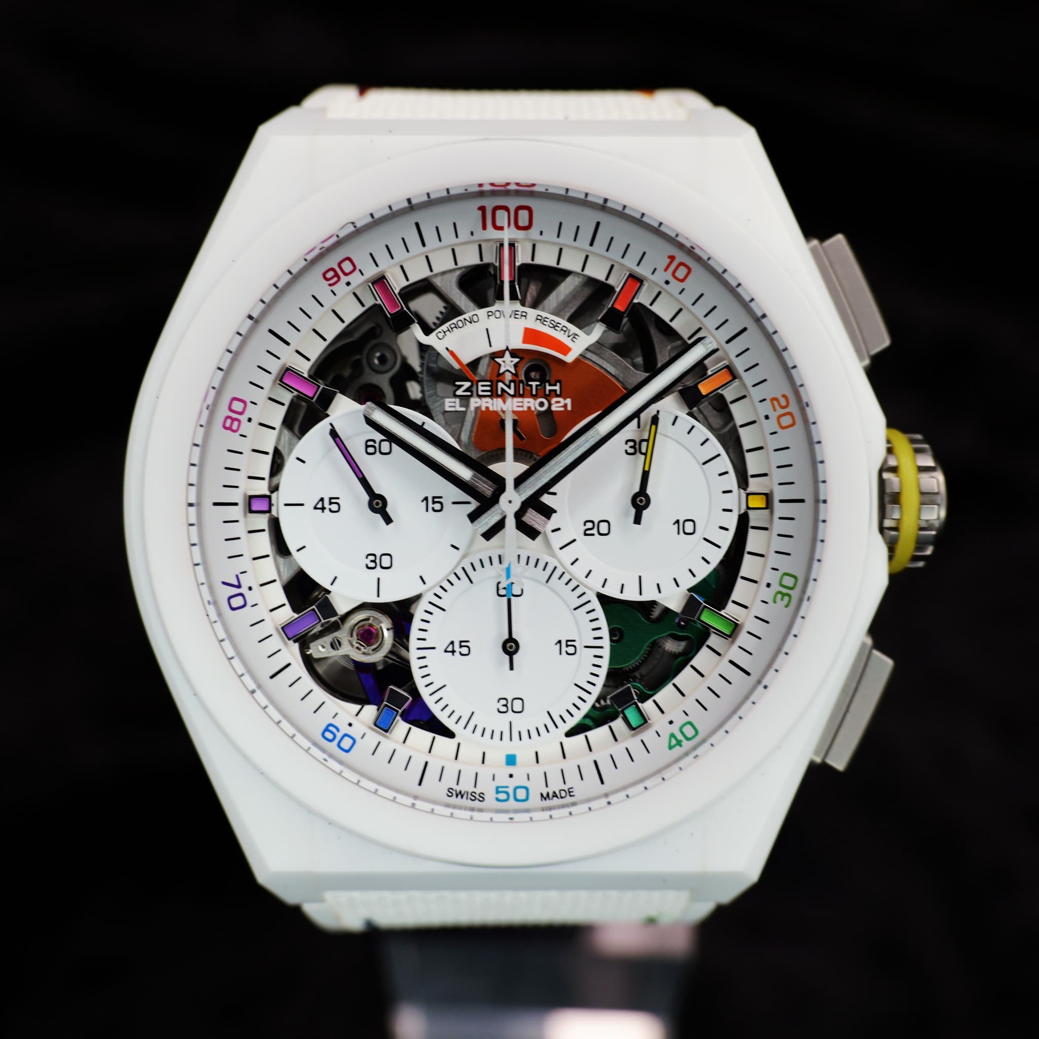 May be an image of wrist watch and text that says '100 90 CM6ИHKO יבם JEA A RE3ERVE 10 ቤሕ 80 ZENITH EL PRIMERO2 MERO 21 S S بانا 0, 45 σε 15 力 30 60 40 SWISS ES كي 50 JADE MADE…