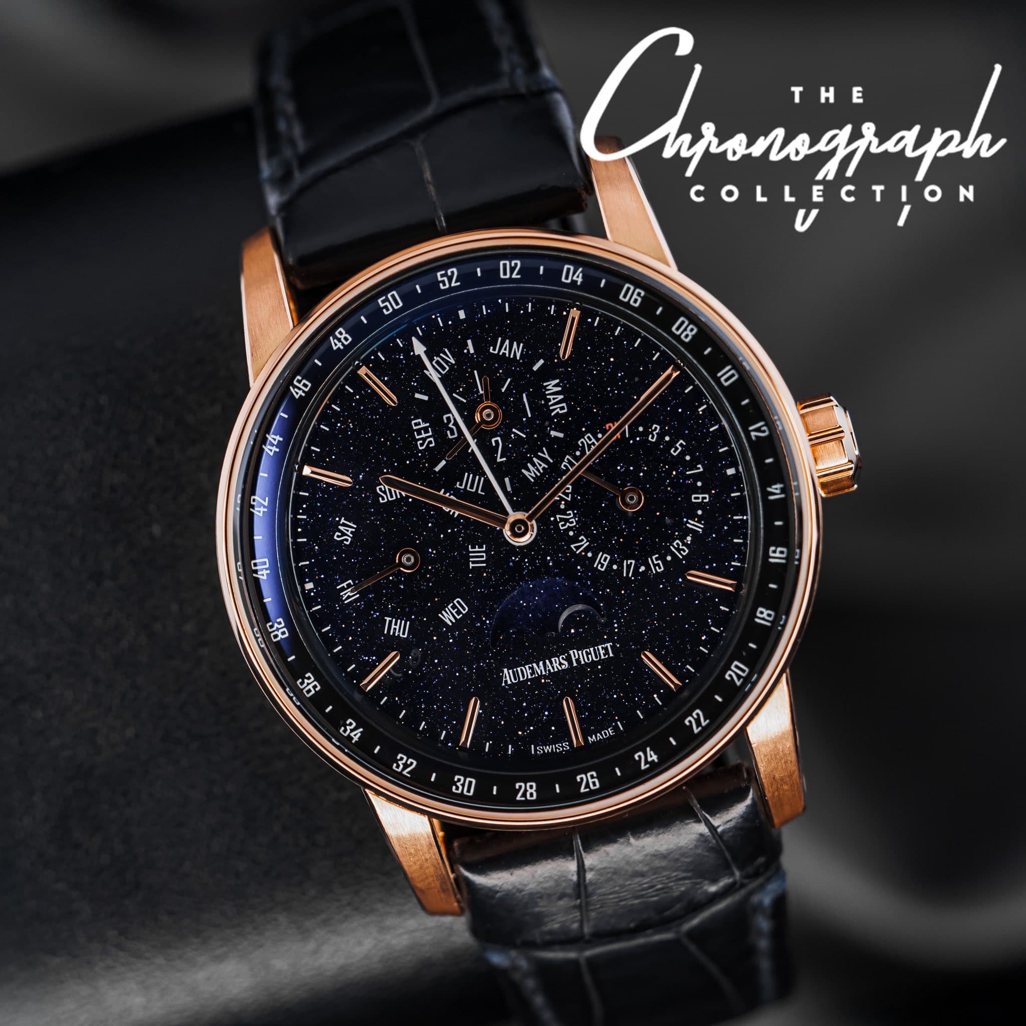 May be an image of wrist watch and text that says 'Crarizjaph THE THE COLLECTION αν أ JAN MAR 08 10 SP JUL 5 12 40 끼 Ik 13 3 -15 THU 91 WED 8/ AUDEMARS PuT 20 lswiss 22 MADE…