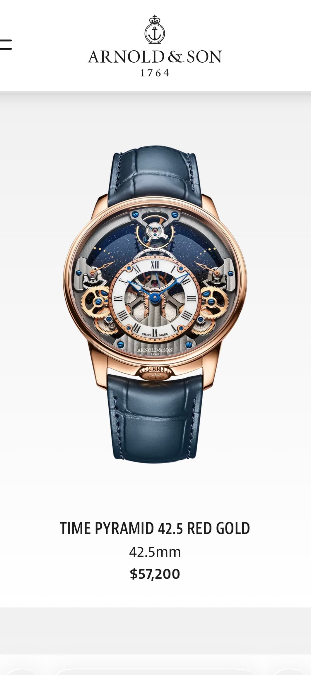 May be an image of digital watch and text that says 'ARNOLD&SON SON 1764 XII 9 سر V Il 곳 正 ክር III IIII O/ MUS ARNCLDESON NELCEPO LP TIME PYRAMID 42.5 RED GOLD 42.5mm $57,200'
