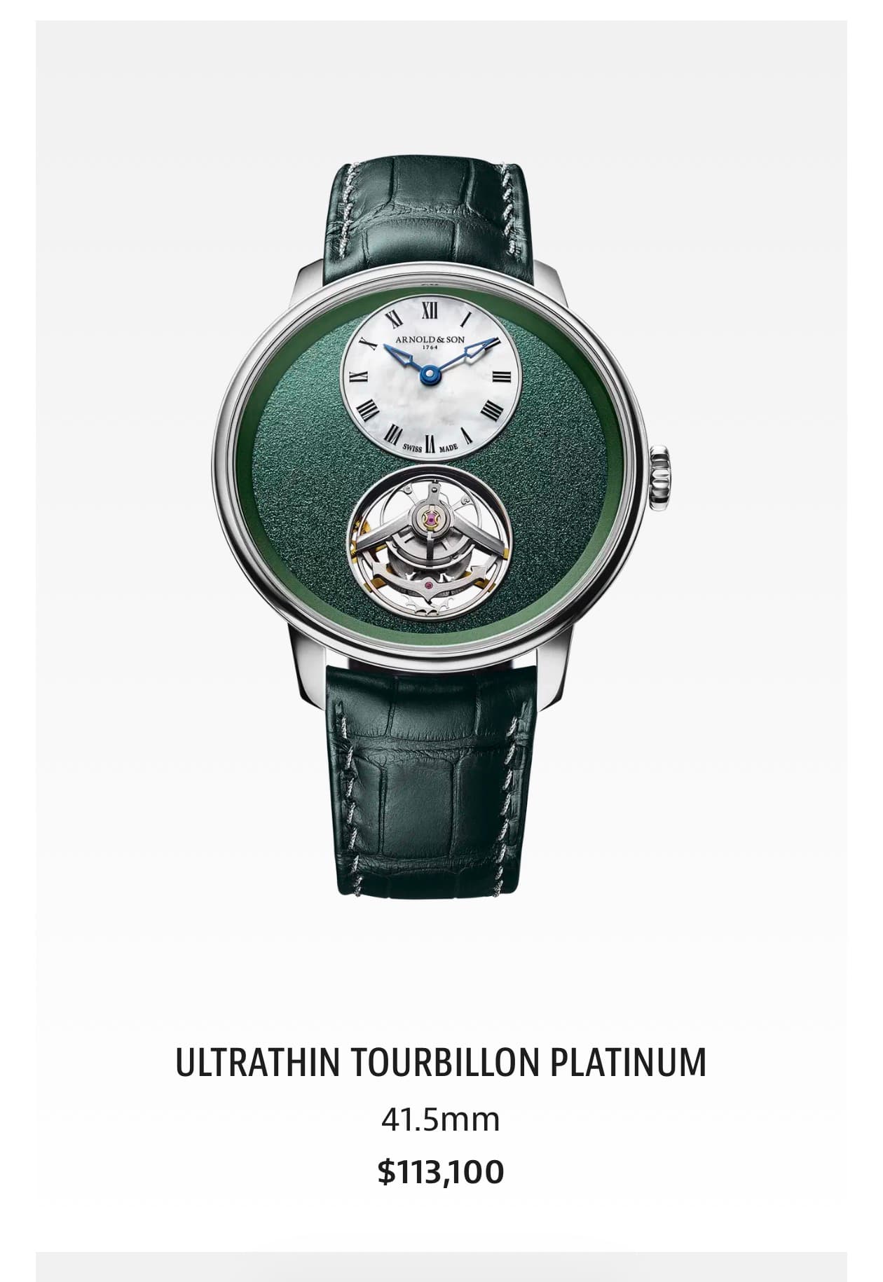 May be an image of digital watch and text that says 'II XII AlNOLD&50 AILNO NOLDE D&z SON ON N O 4 Sifiss wTt Tun ULTRATHIN TOURBILLON PLATINUM 41.5mm $113,100'