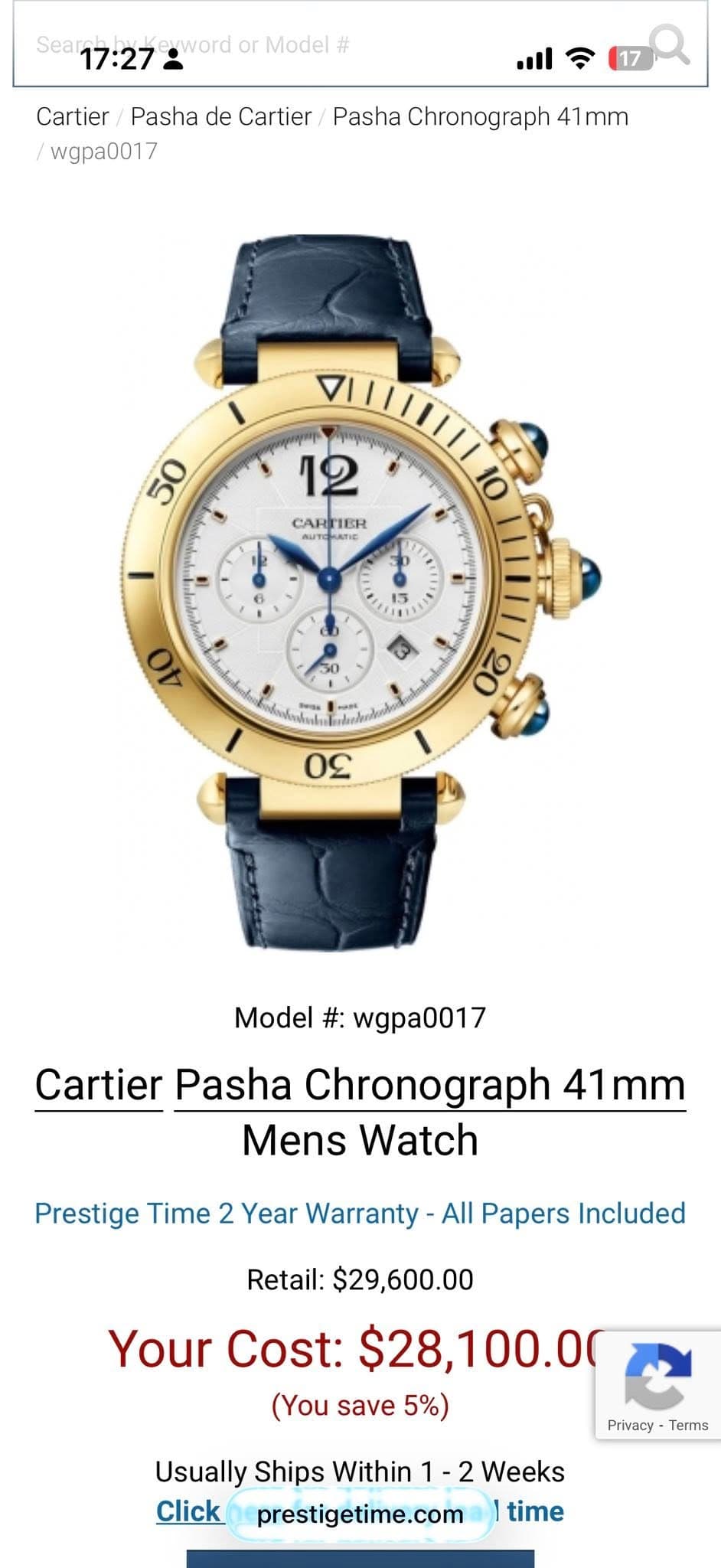 May be an image of wrist watch and text that says 'Sea 17:27 : word or Model # Cartier Pasha de Cartier /wgpa0017 Pasha Chronograph 41mm 50 12 CARTIER TER CARF RUN 10 N の Model #:…