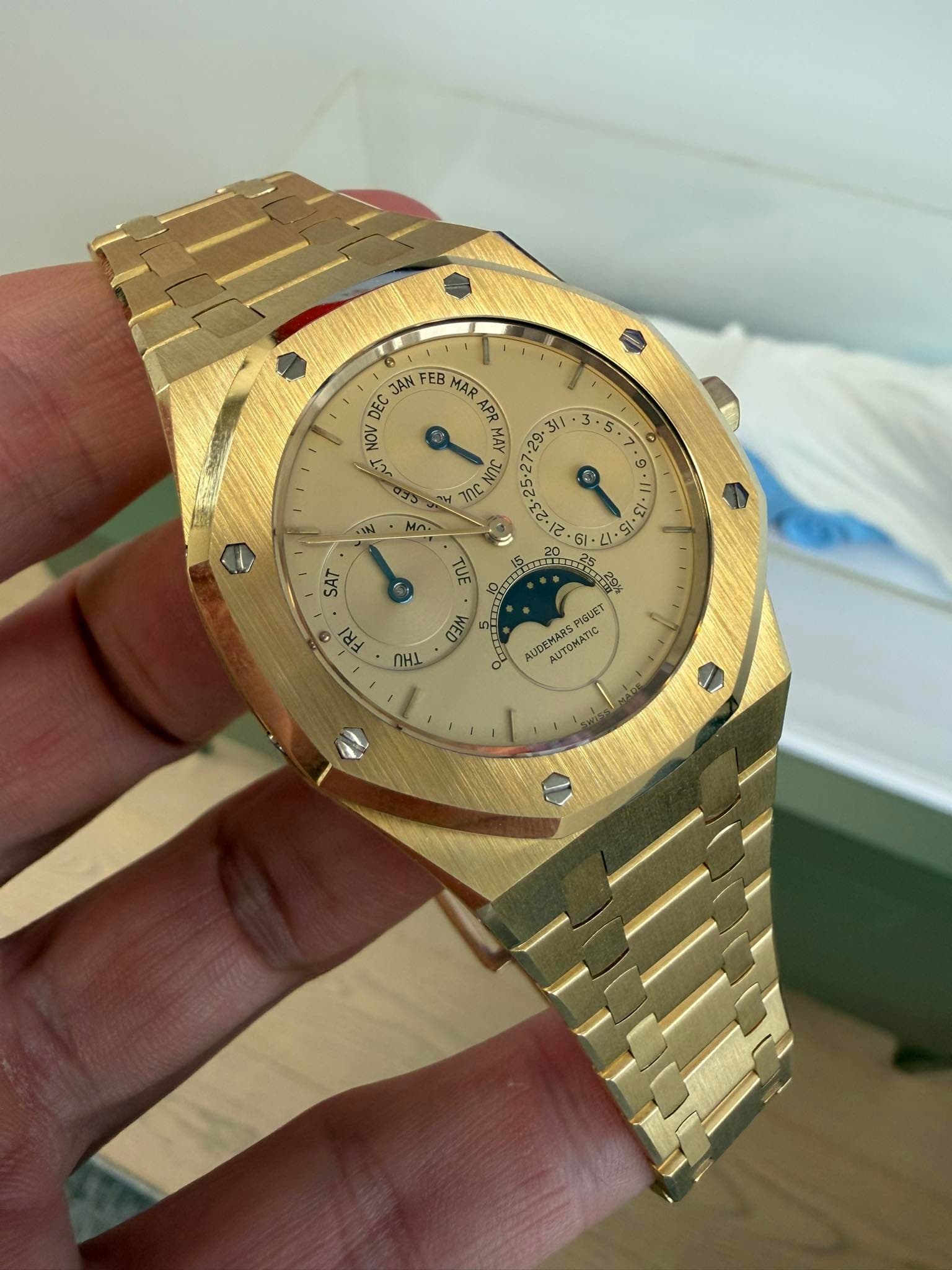 May be an image of wrist watch and text that says 'JAN FEB MAR DEC 10 NOW NCN NIRE 3.25.2 IA TUE ' 7 ၅ 6 3 G 2.5 S SAT FRI SIM JHI PESUET AUDEMARS AMAN AUTOMAY AUTOMATIC'