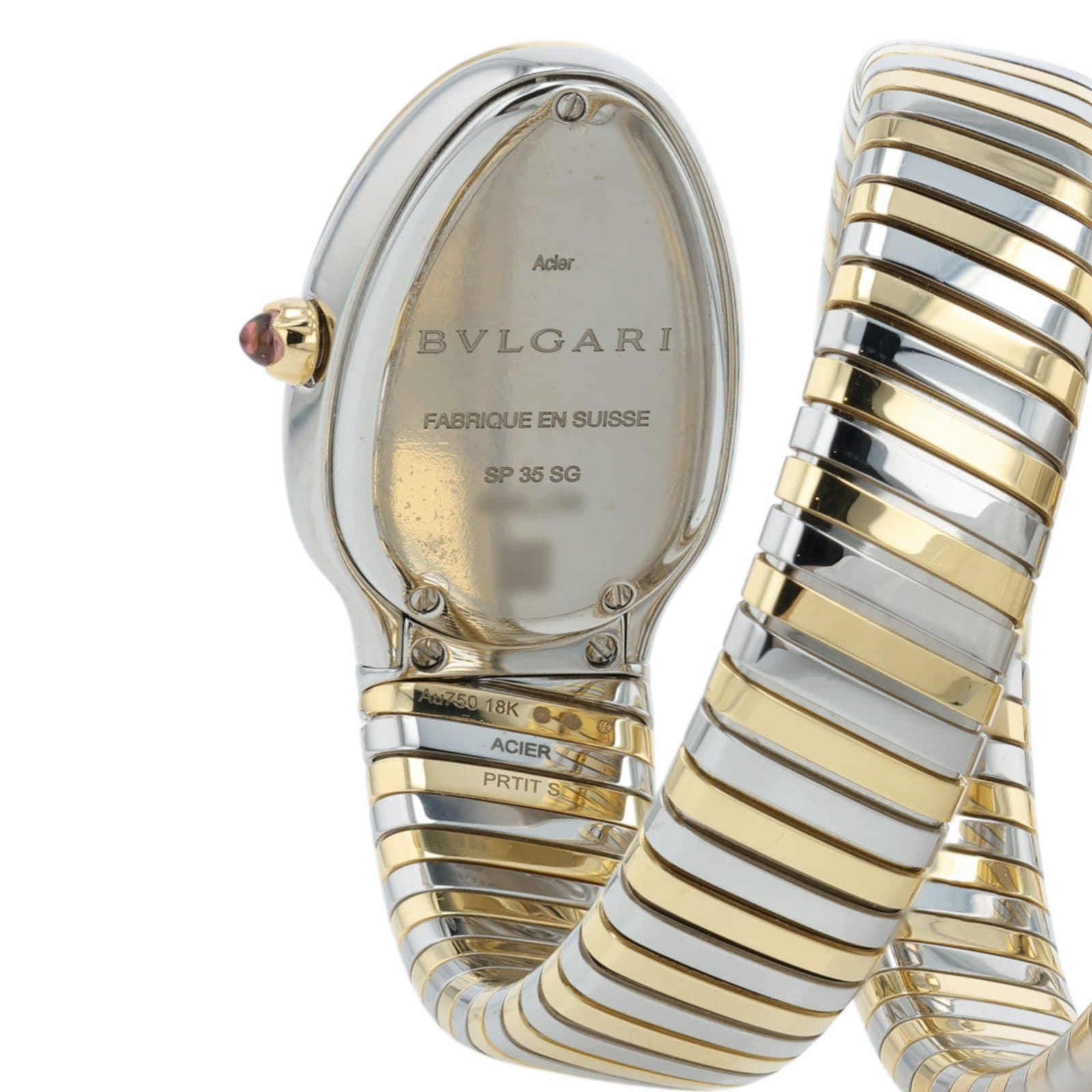 May be an image of wrist watch, jewelry and text that says 'Acler BVLGARI FABRIQUE FABRIQUEENSUISSE EN SUISSE SP SP35SG 35 SG w750.18K 1250 18K ACIER PRTIT S'