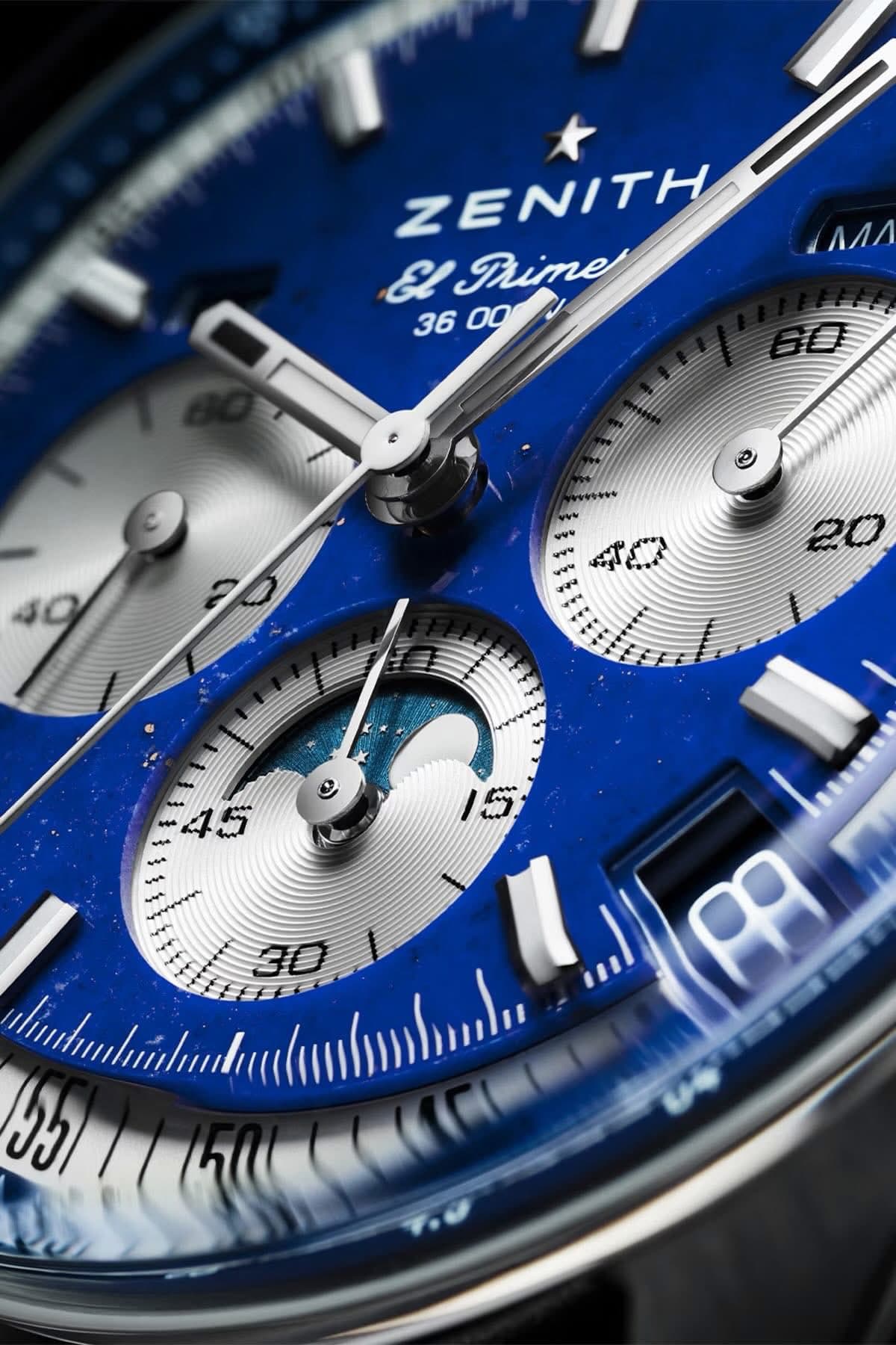 May be an image of wrist watch and text that says 'ZENITH ELTrime El Mime 3600 36 0o0o 00 حم_ /1'