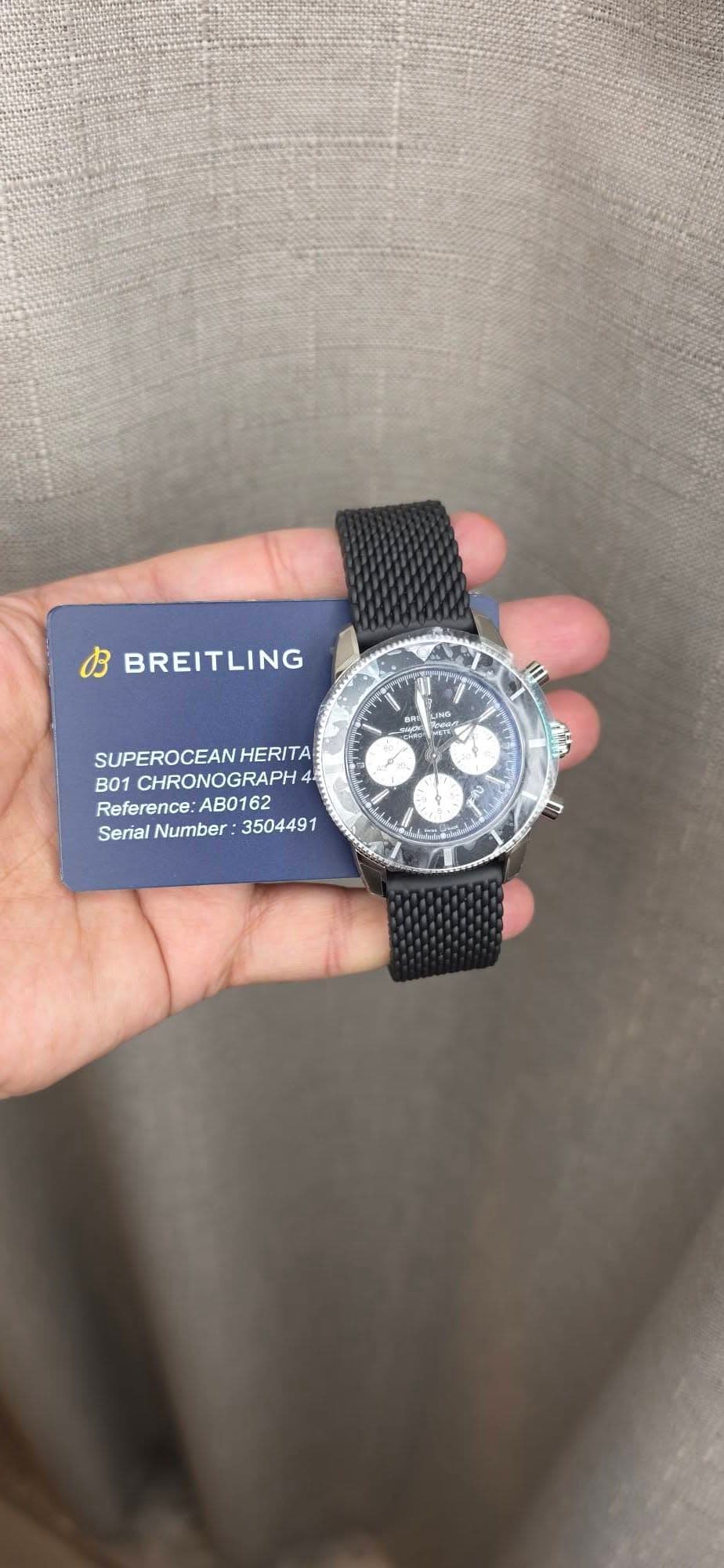 May be an image of digital watch and text that says 'BREITLING ្ុ Ha Aoa SUPEROCEANHERITA HERITA B01 CHRONOGRAPH 4- Reference: Reference:AB0162 :AB0162 Serial Number 3504491 ብት 0'