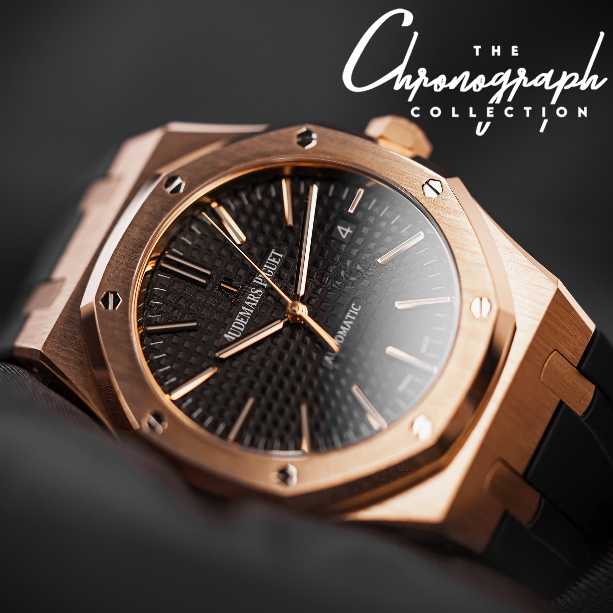 May be an image of wrist watch and text that says 'Aljaniszjaph - THE COLLECTION V GUET UET UDEMARS 4/ 4 OMATIC 9'