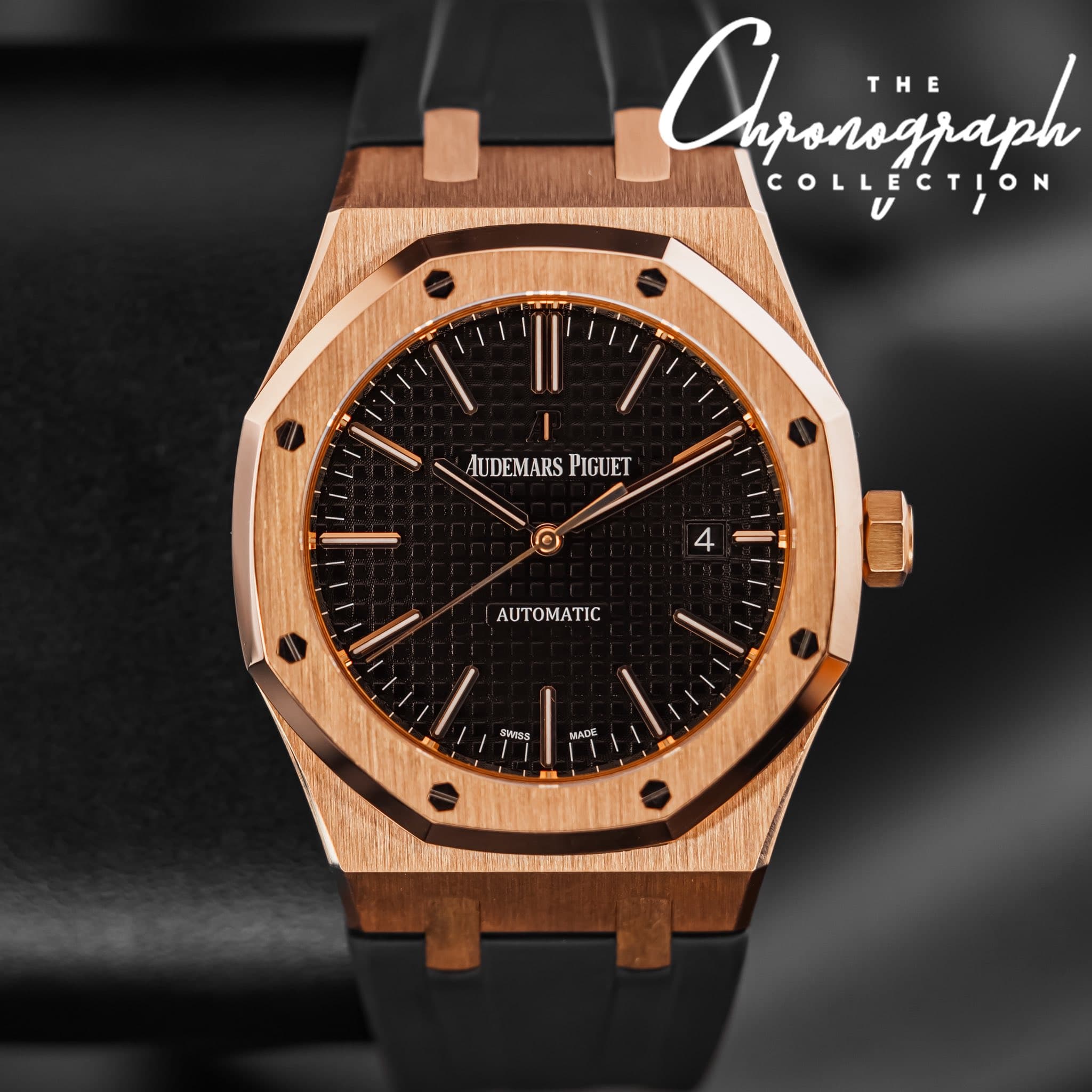 May be an image of wrist watch and text that says 'T THE COLLECTION AUDEMARSPIGUET AUDEMARS PIGUET 4 ΑΤ SmSS MAC6'