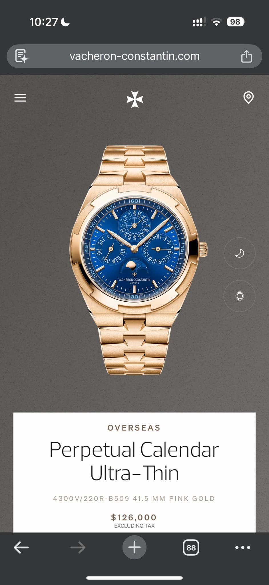 May be an image of phone, digital watch and text that says '10:27 E 98 vacheron-constantin.com 60 4 T 수 ዎክ C 7 3H 辣 0 SAT AT S SA u ባንንክ ® 当 5- S WE 2・1-15 RONCONETecTa OVERSEAS…