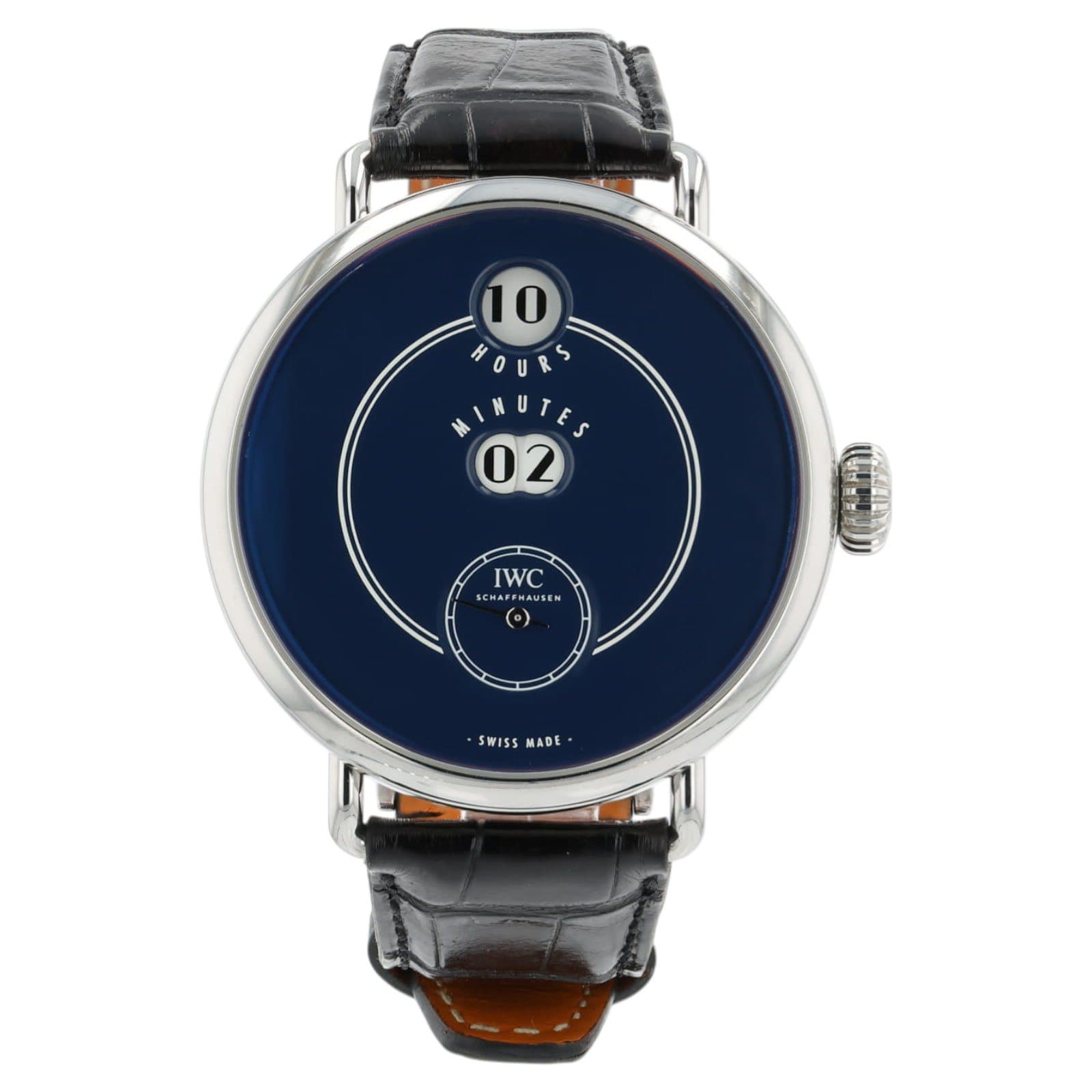 May be an image of digital watch and text that says '10 WOURS S U U MINUTES INUTE U 02 IWC AFFH SWISS SWISSMADE MADE'