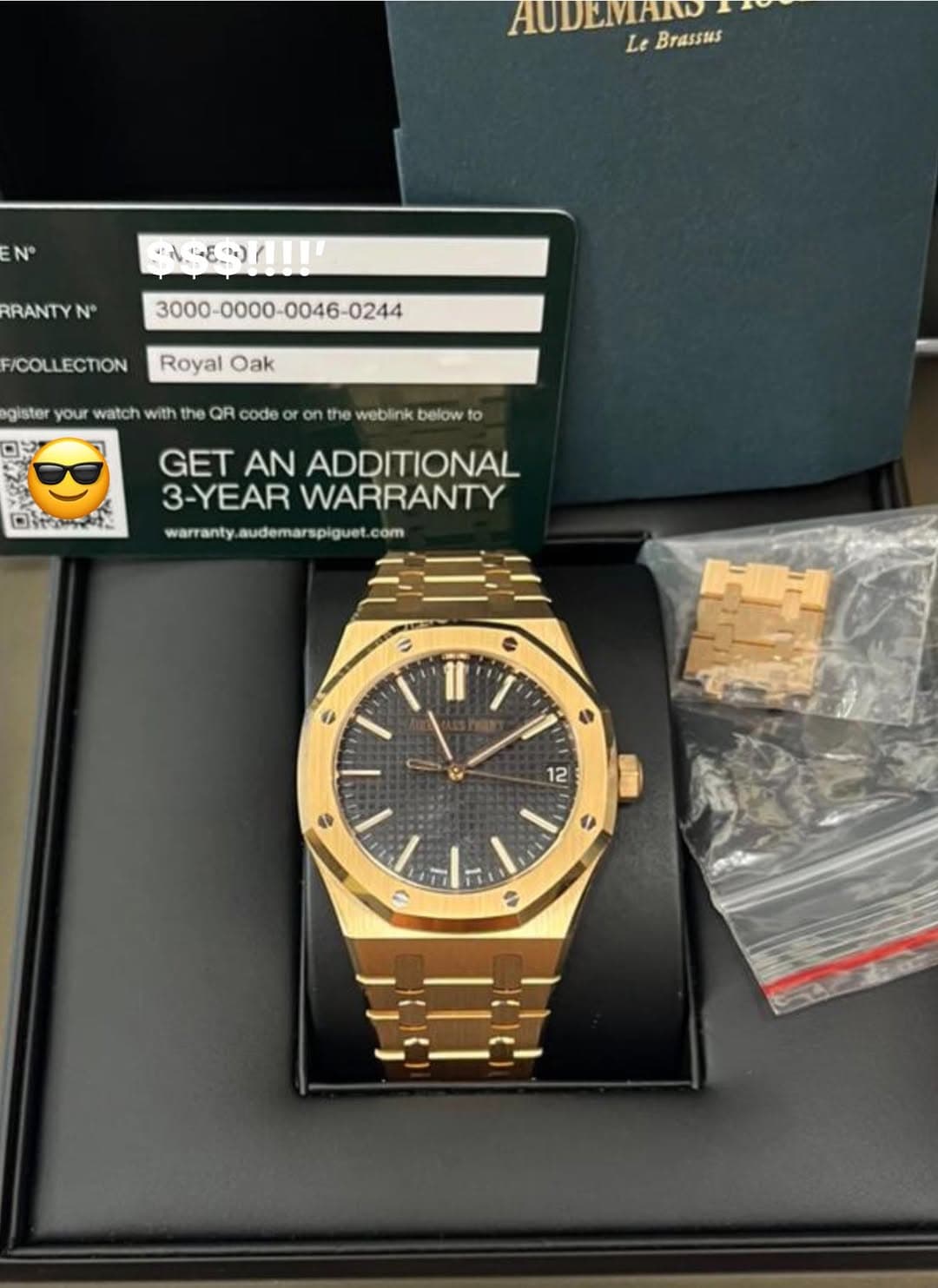 May be an image of wrist watch and text that says 'AUDEMAND Le Brassus N° -င်အ) ا RRANTY F/COLLECTION Royal Oak egister your watch with the QR code the weblink below to…