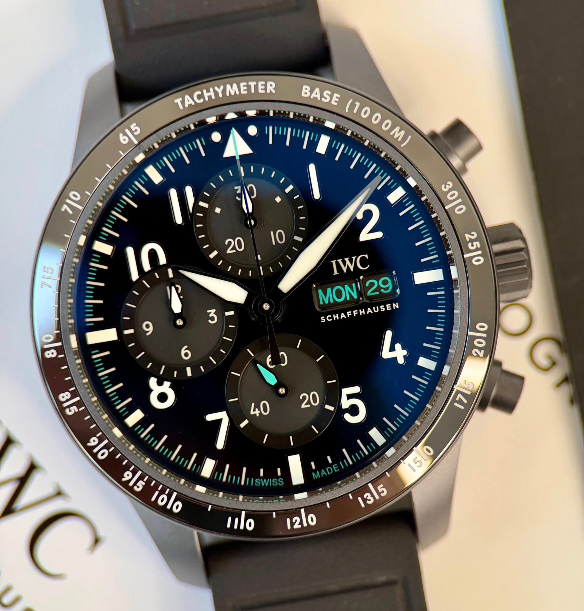 May be an image of wrist watch and text that says 'TACHYMETER METER TACHY 6|5 יויייויו BASE 1000M 7|0 31P မဲ , 2 IWC MON! MON29 29 SCHAFFHAUSEN دع 20l0 11T 9lo 915 iólo 5 o 0 3…
