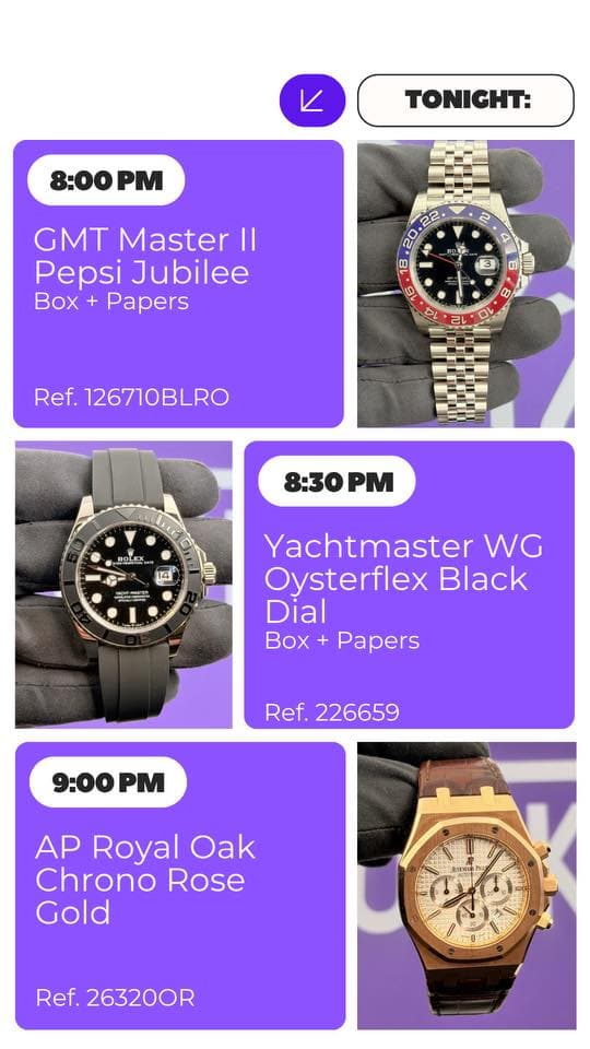 May be an image of digital watch and text that says 'K TONIGHT: 8:00PM GMT Master Il Pepsi Jubilee Box Papers e 22 20 3 自 シ L OY Ref. 126710BLRO 8:30 ター C2 BOLEX 14 14 Yachtmaster…