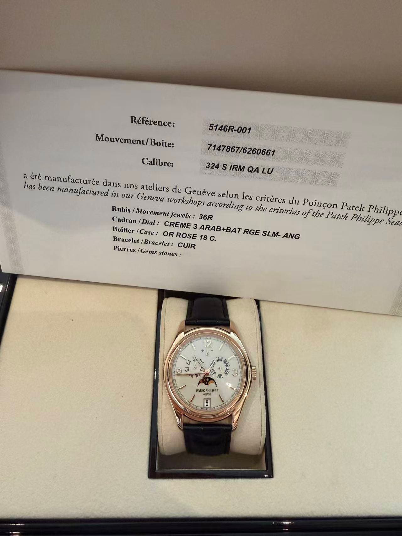 May be an image of wrist watch and text that says 'Référence: Mouvement/Boite: Calibre: 5146R- / S IRM QA LƯ a ćté manufacturée dans nos ateliers de Genève selon les critères du…