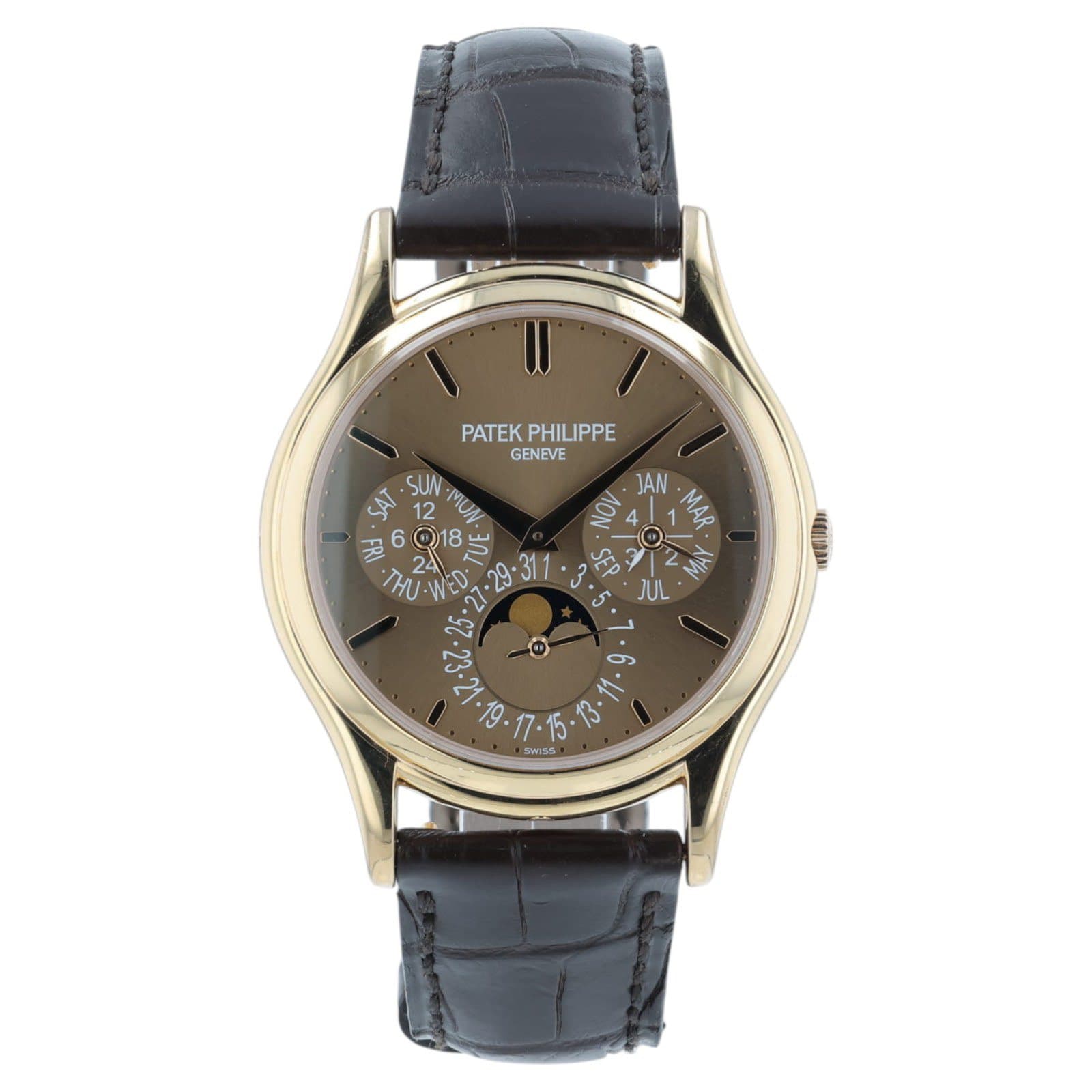 May be an image of wrist watch and text that says 'PATEKPHILIPPE PATEK PHILIPPE GENEVE SUW SAT MUN JAN MAR 曜美 አጅ JUL ተግልልለም တ SWISS'