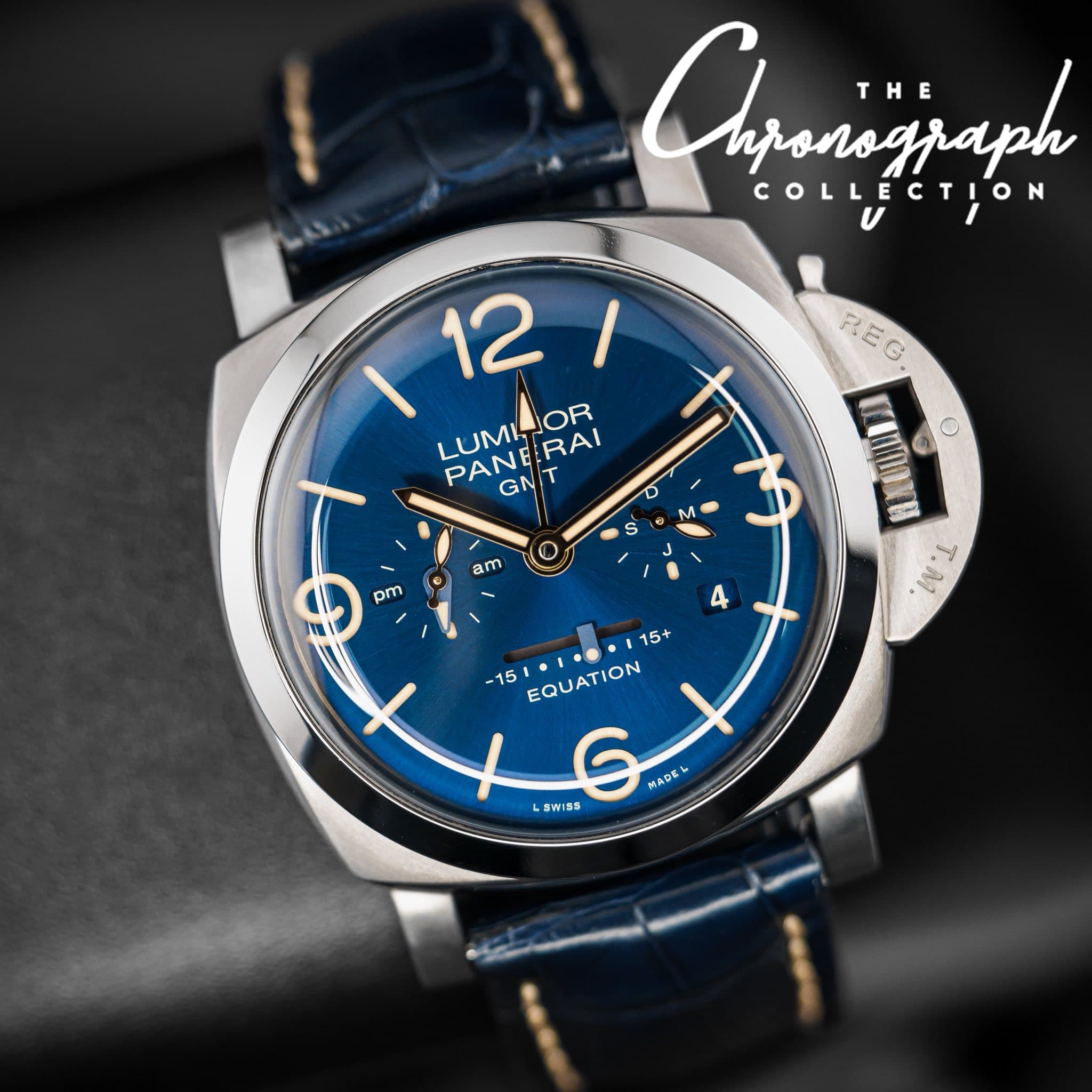 May be an image of wrist watch and text that says 'Ajaningjaph THE COLLECTION TION REG G 12/ I 12 LUMIJOR OR PANE PANERAI GNT RAI M S am pm 4 1 15+ 15 EQUATION EQUATION WISS S…