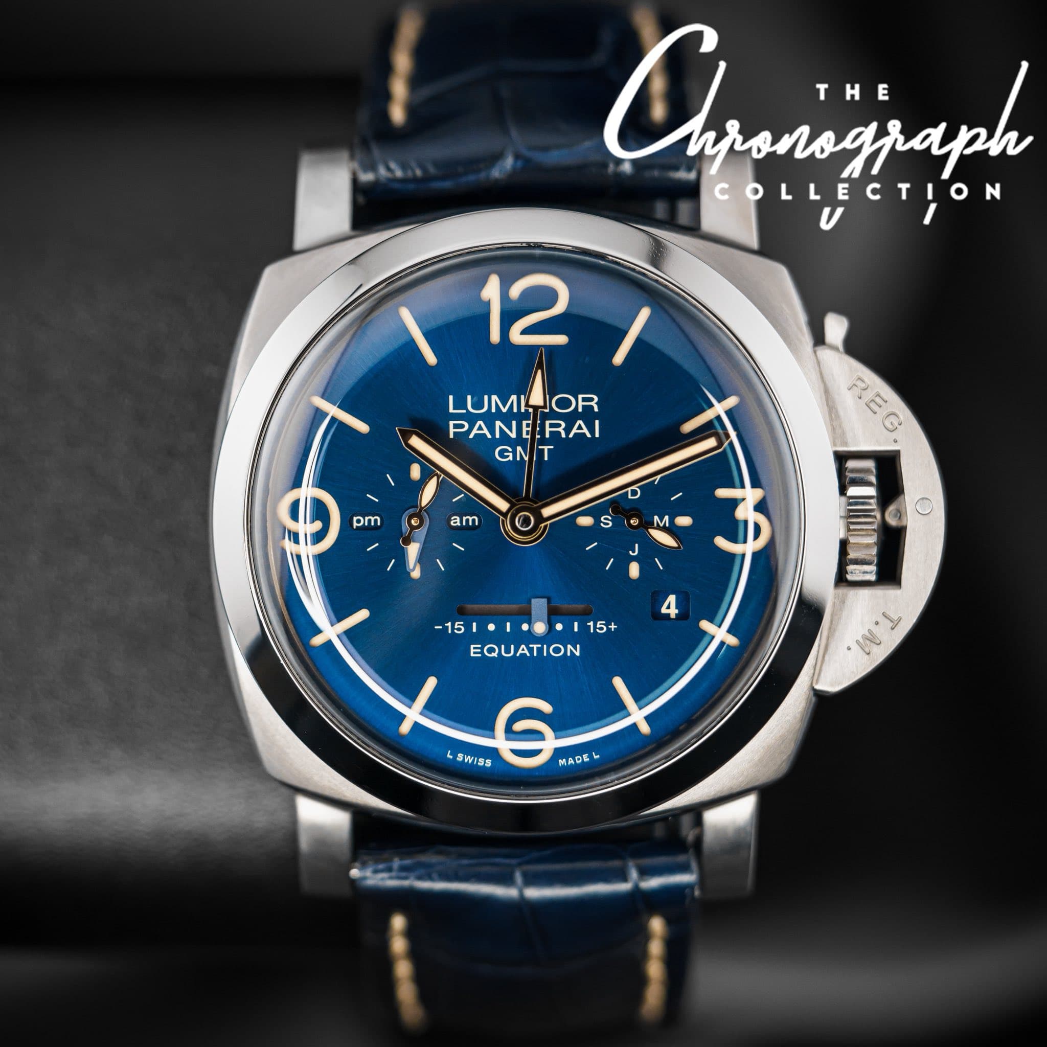 May be an image of wrist watch and text that says 'Chraninjaph nronograph THE COLLECTION ۱ 12, 12 LUMIJOR OR PANERAI PANE GNIT am $ pm M 1 RE ف ၁ ふ 日山小刀 S V ·118 15+ EQUATION…