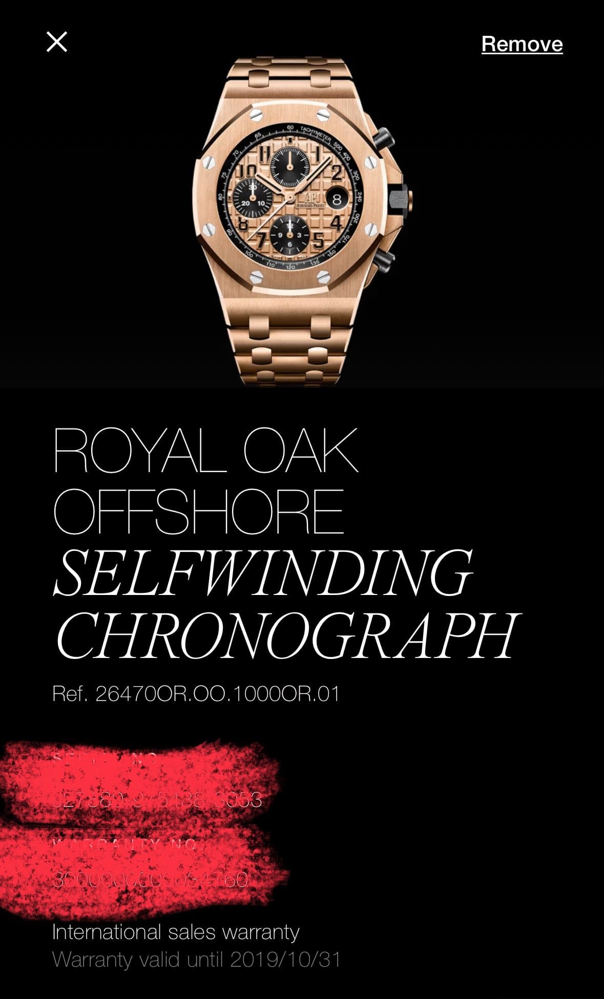 May be an image of digital watch and text that says 'Remove o ROYAL OAK OFFSHORE SELI SELFWINDING CHRONOGRAPH Re ef.264700R.0O.10000R.01 International Inter ational sales war…