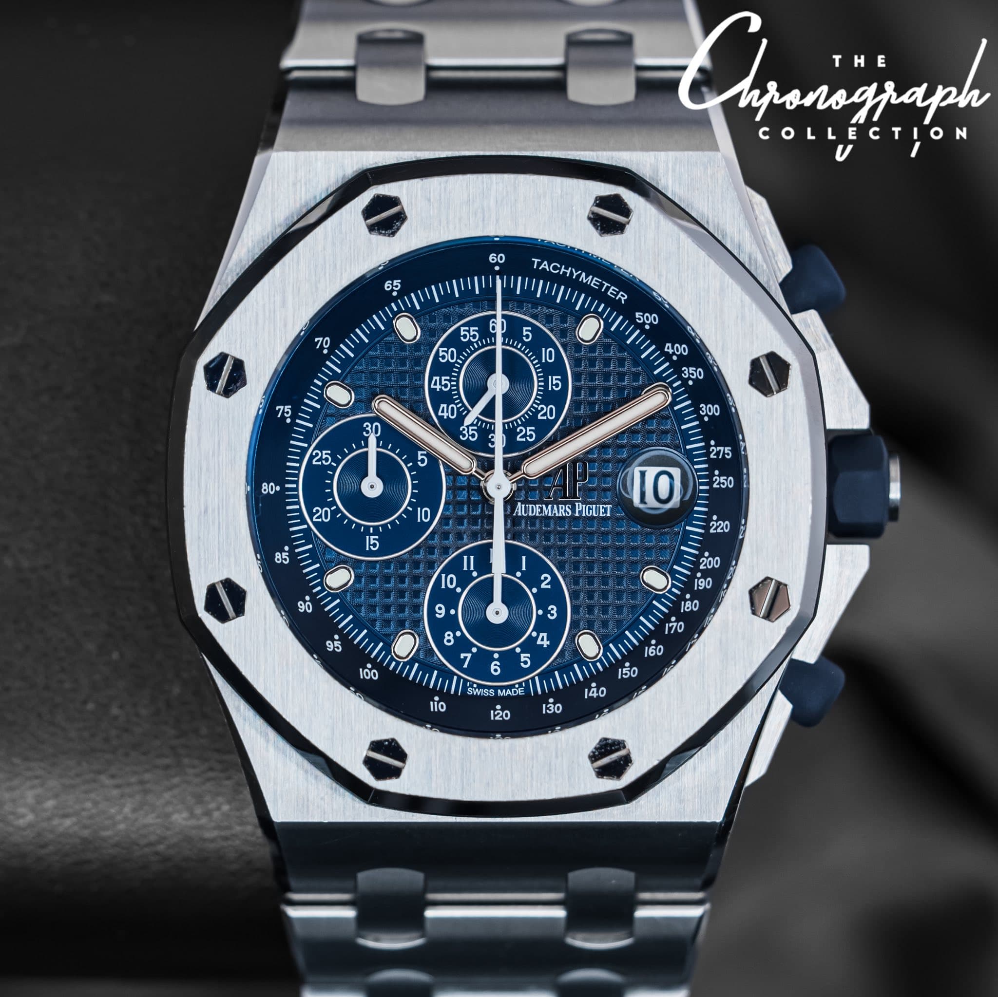 May be an image of wrist watch and text that says 'Orjanszjaph THE uponograph COLLECTION ស हੈ 55 50 EU 60 TACHYMETER 티프이피지 500 BX4LA ၁ B d Se ALDEMARS PIGUET II ° B" 2 5 3 4 A ج…