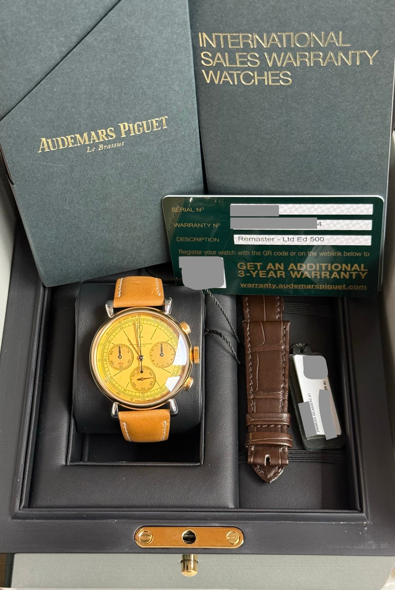 May be an image of wrist watch and text that says 'INTERNATIONAL SALES WARRANTY WATCHES AUDEMARS Le Brassus PIGUET SERIALN WARRANTYN 4 Remaster Remaster-LtdEd500 Ltd Ed 500 ne…