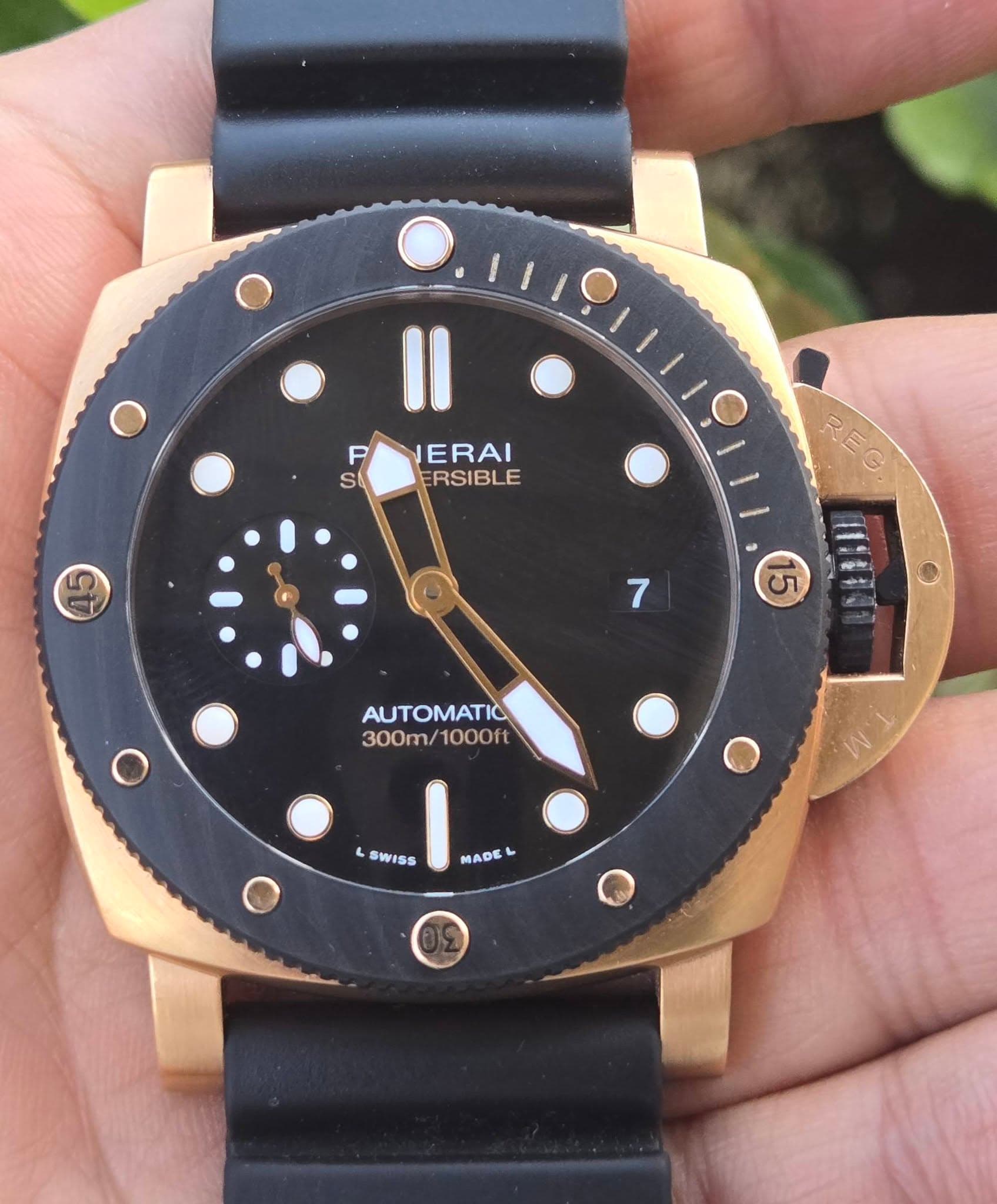 May be an image of wrist watch and text that says 'P S ERAI ERSIBLE ب EG G 7 σл AUTOMATIC 300m/ 300m/1000ft 1000ft L SWISS MADE'