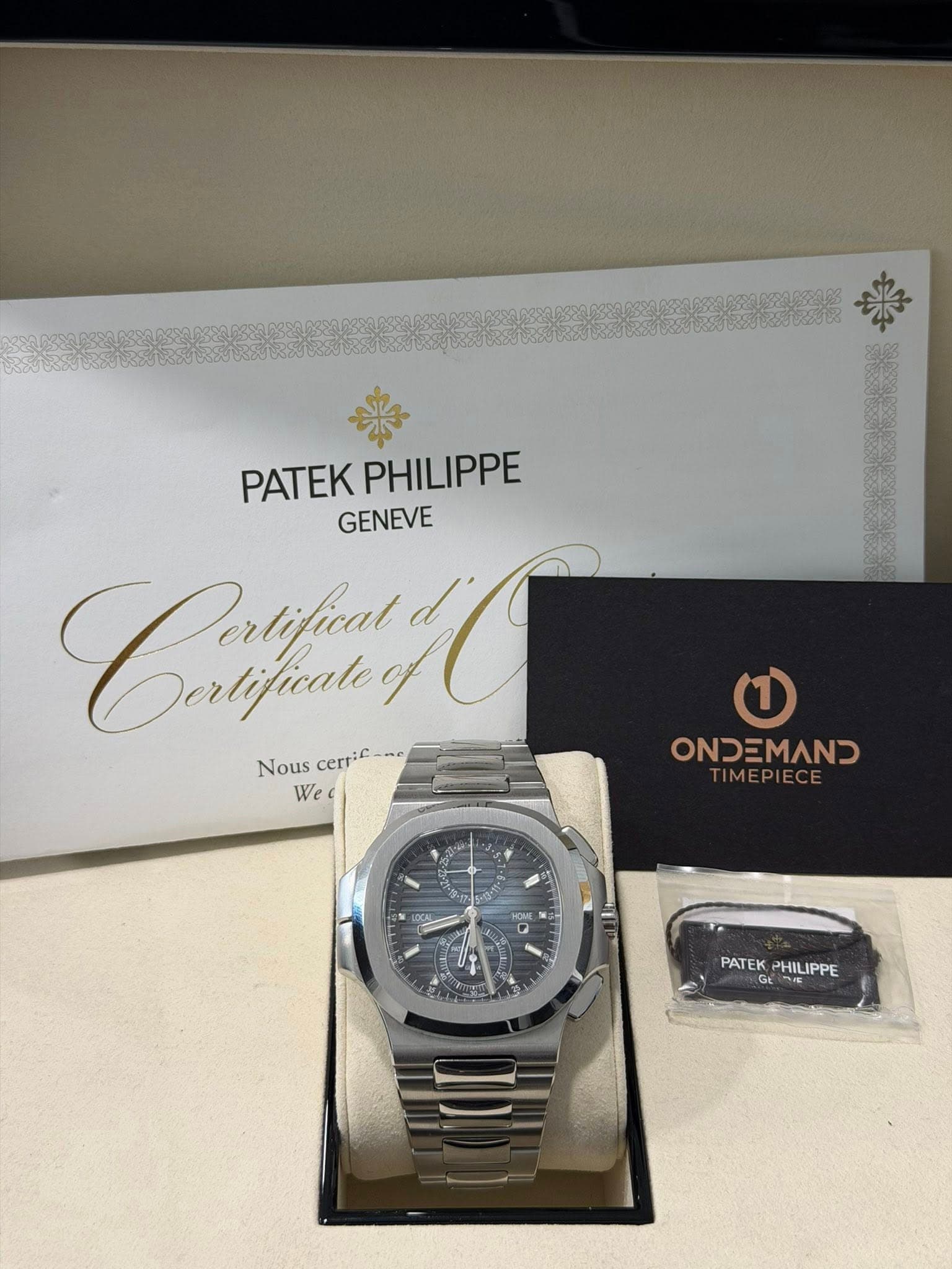 May be an image of wrist watch and text that says 'PATEKPHILIPPE PATEK PHILIPPE GENEVE Coaжфи Derlificale Nous cerT:c Nouscerr Nouscerric--- me We ככמס F PATE PATEKPHILIPPE…