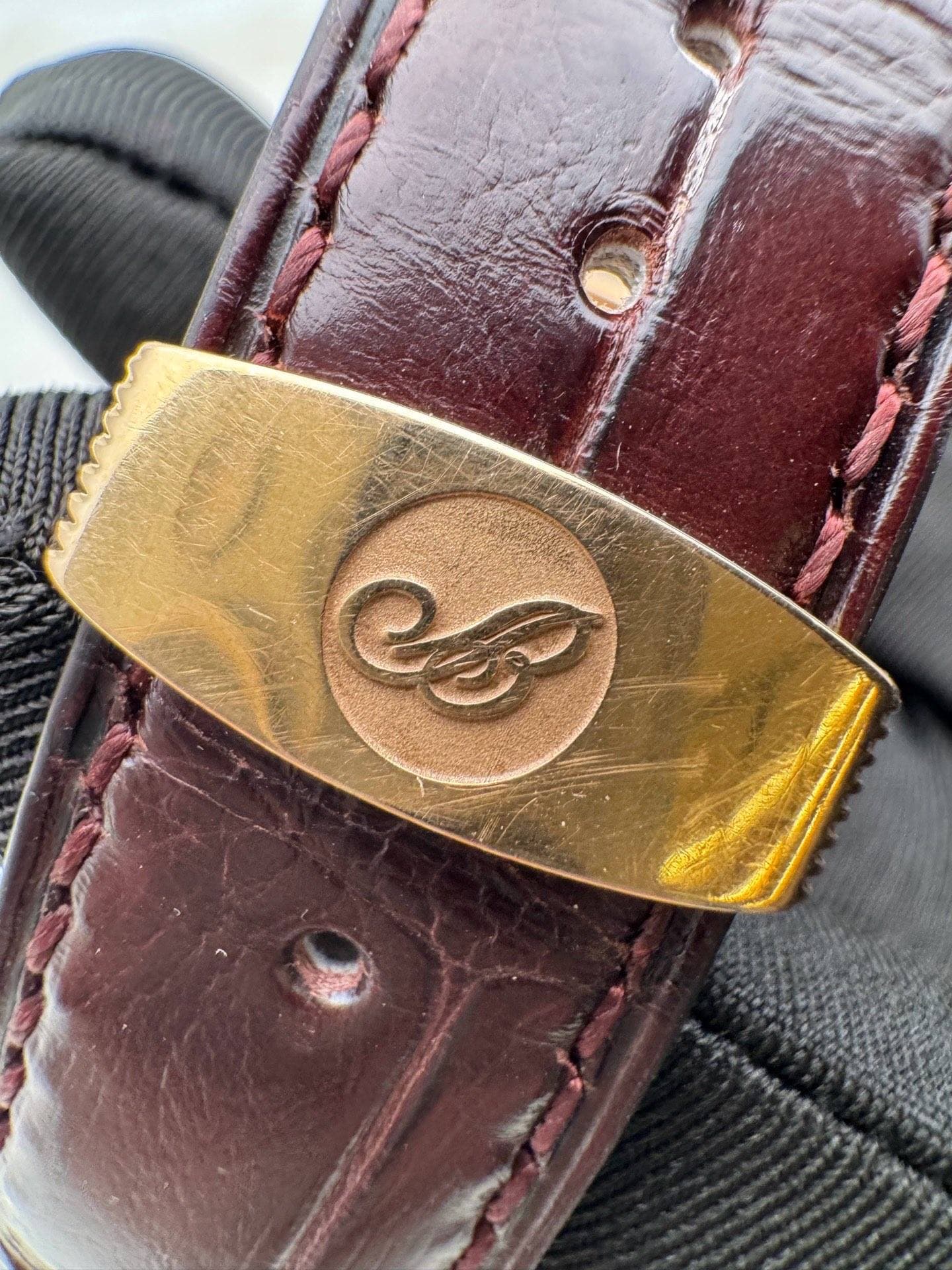 May be an image of wrist watch, leather, saddle-stitched leather and text