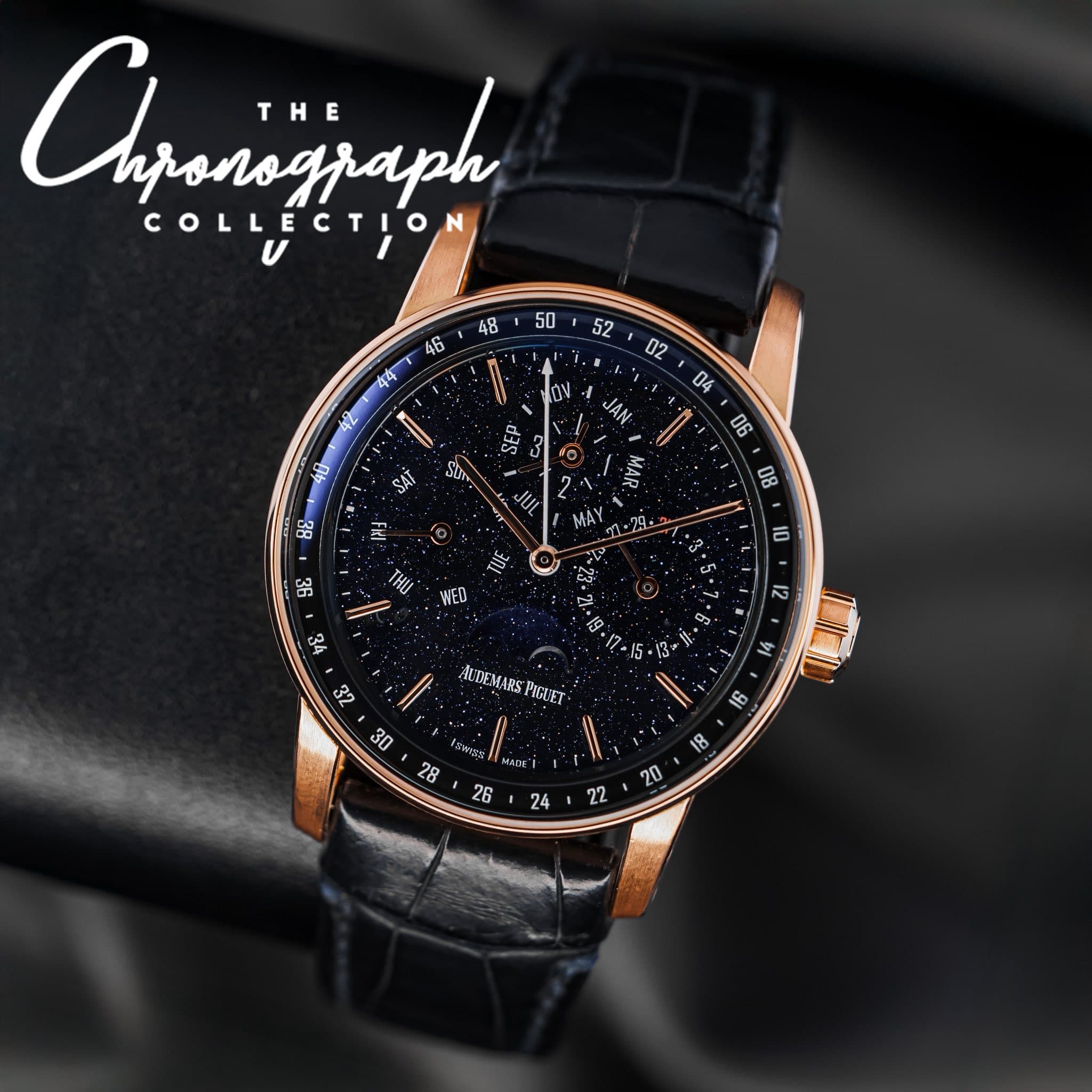 May be an image of wrist watch and text that says 'Agranijaph THE COLLECTION DV JAN SEP SAT 88 ผ เพย 08 MAY 36 THỦ WED 10 ካር 12 ព.ុន ALTNEMARS ARS PIGUET 刻 32 30 28 I6 B '