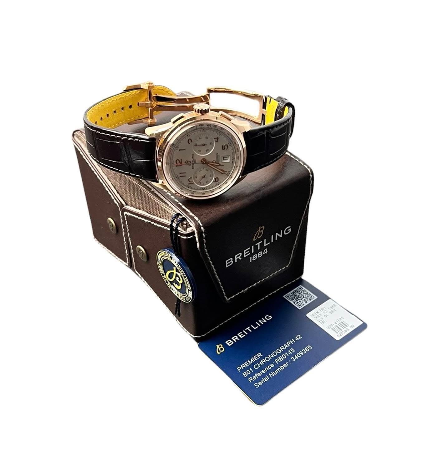 May be an image of wrist watch, leather and text that says 'BREITLING BREITL 1884 C 3 a MO0 P ኃክን። Y aAb 圖 BREITLING お OGRAPH ၁ 3409365 PREMIER OCA CHRONOGRAP ference. vumber B01…