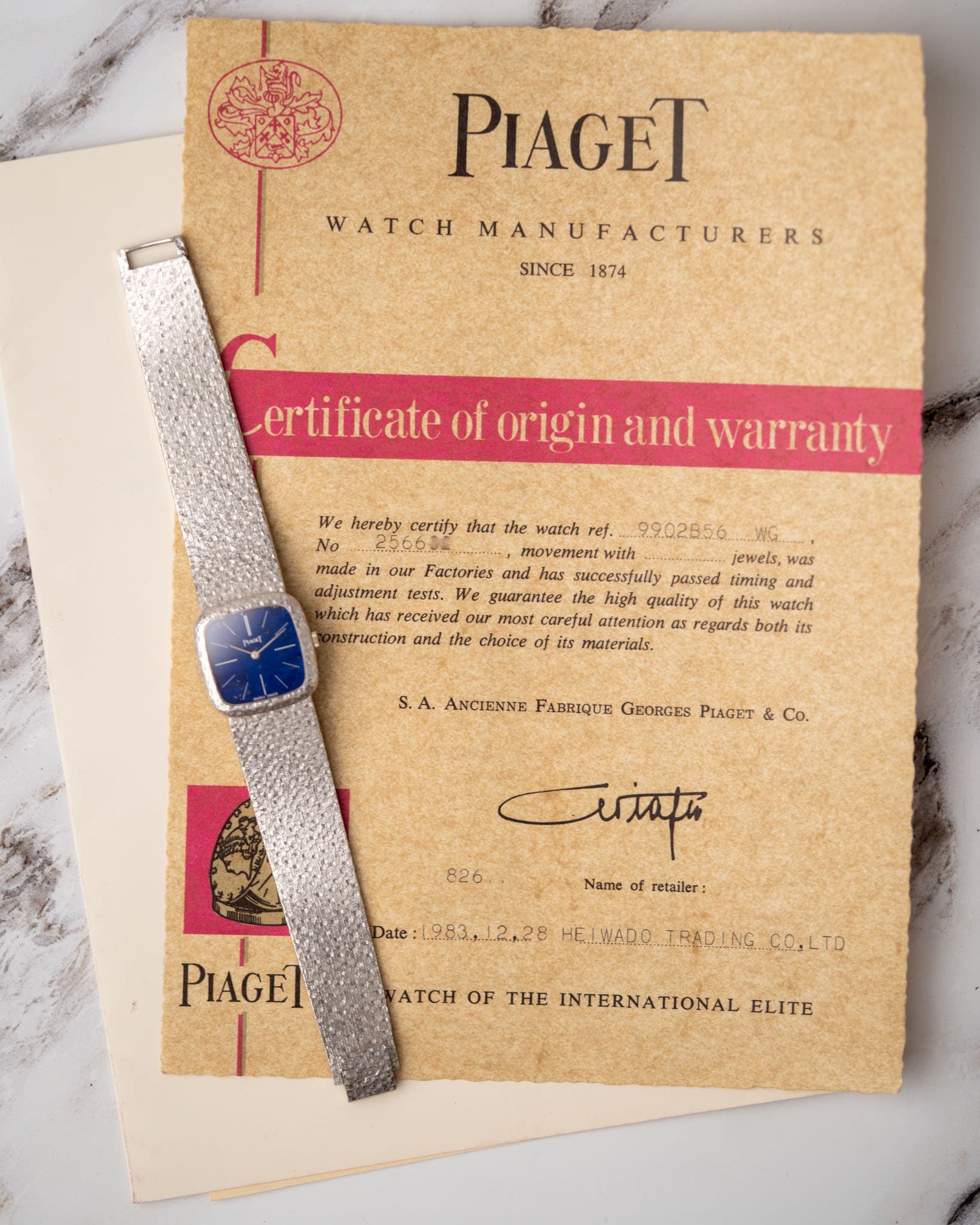 May be an image of wrist watch and text that says 'PIAGET WATCH MANUFACTURERS SINCE 1874 ertificate of origin and warranty We hereby certify that the watch ref. No novement with…