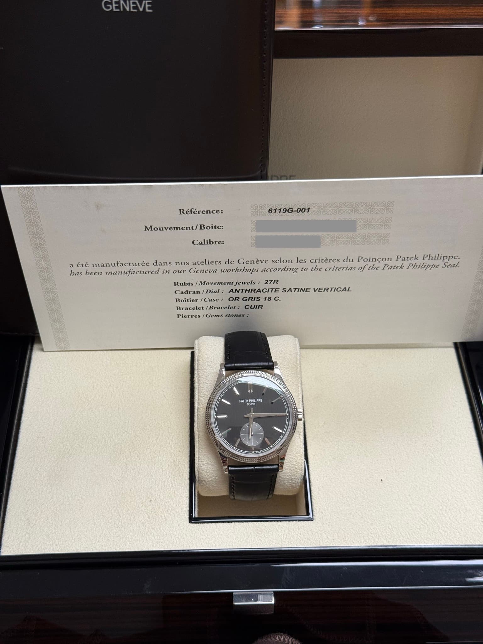 May be an image of wrist watch and text that says 'GENEVE Référence: Mouvement/Boite: 6119G-001 Calibre: 종유고회분의 nO4 Rubis/ été nanufacturée rée dans nos ateliers de Genève selon…