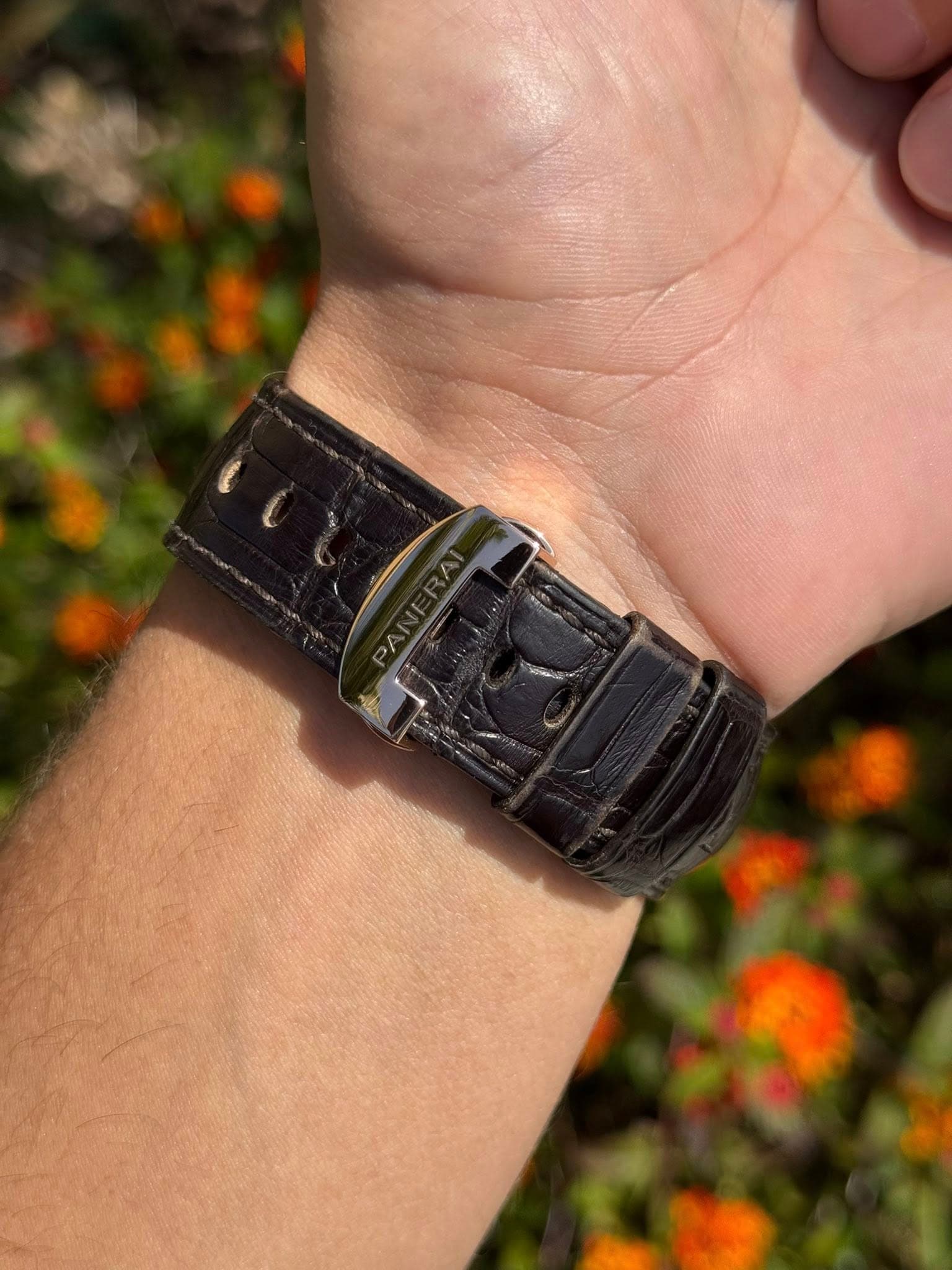 May be an image of wrist watch, saddle-stitched leather and leather