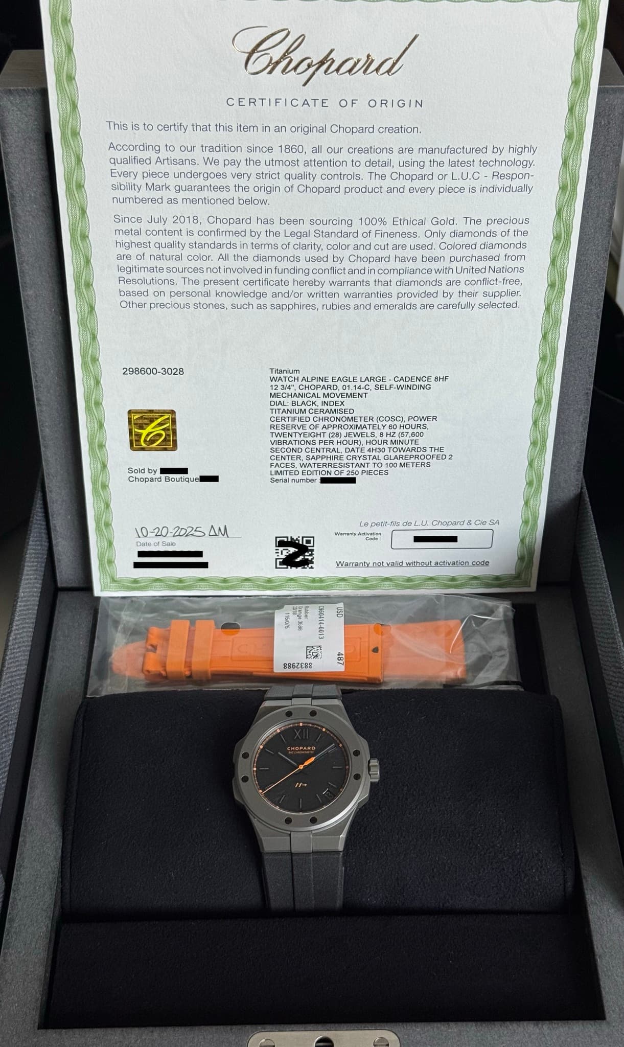 May be an image of digital watch and text that says 'This to certify that According Artisans. piece Chopard CERTIFICATE OF ORIGIN numbered iter an ariginal Chopard creation. since…