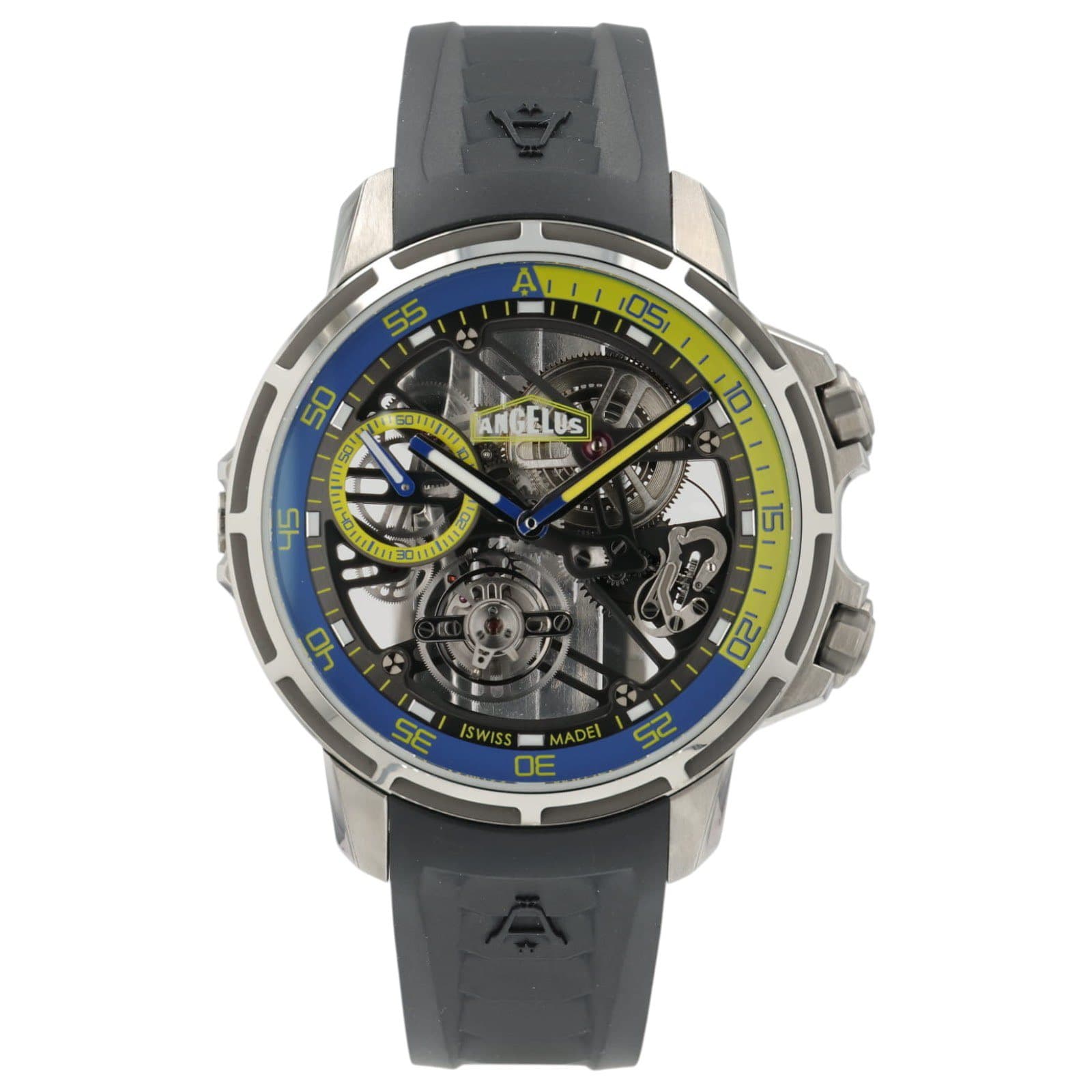 May be an image of digital watch and text that says '55 ALLLIOS 05 50 SOV OUAIn ANGELUS ELUS EICHD P 10 스 세 45 8 "នា マ CE ISWISS MADEI DE 5S'