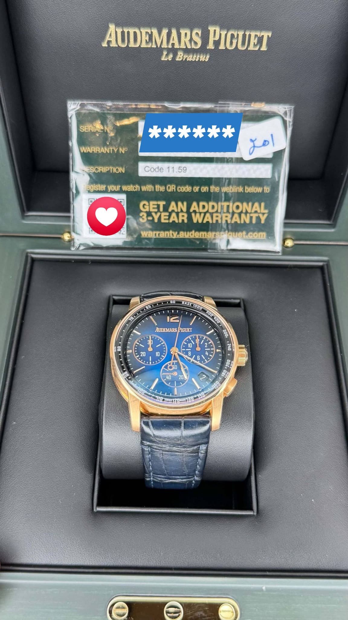 May be an image of wrist watch and text that says 'AUDEMARS PIGUET Le Brassus WARRANTYN No ESCRIPTION Code 11.59 59 امل egister your watch With the OR Ro code O the weblink…
