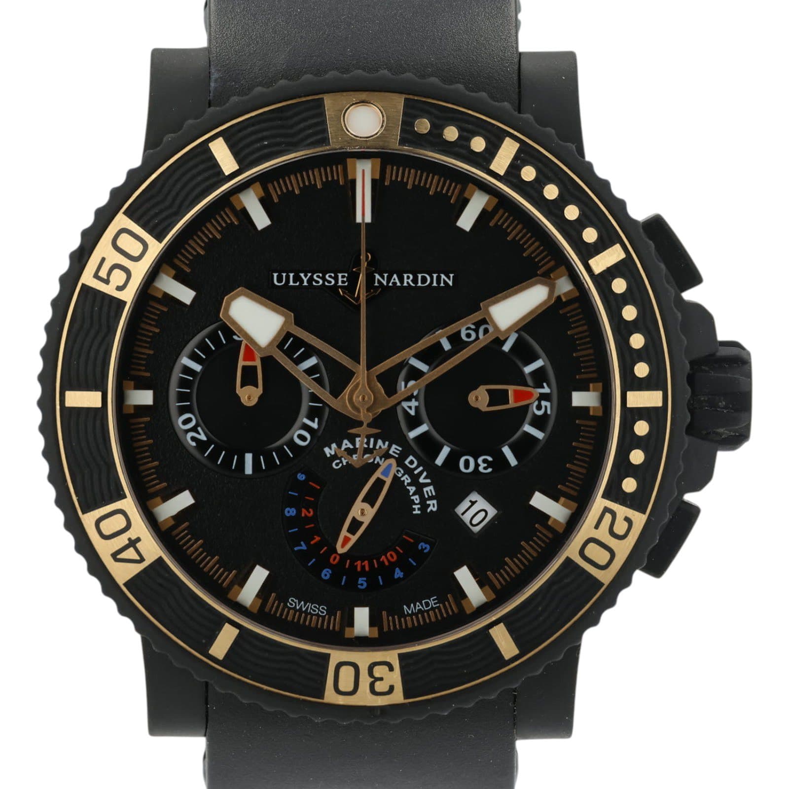 May be an image of wrist watch and text that says '50 ULYSSE NARDIN 6 20 5 ARINE ن ON GRAPH DIVER 10 DIVS σε 40 20 SWISS MADE 30 က'