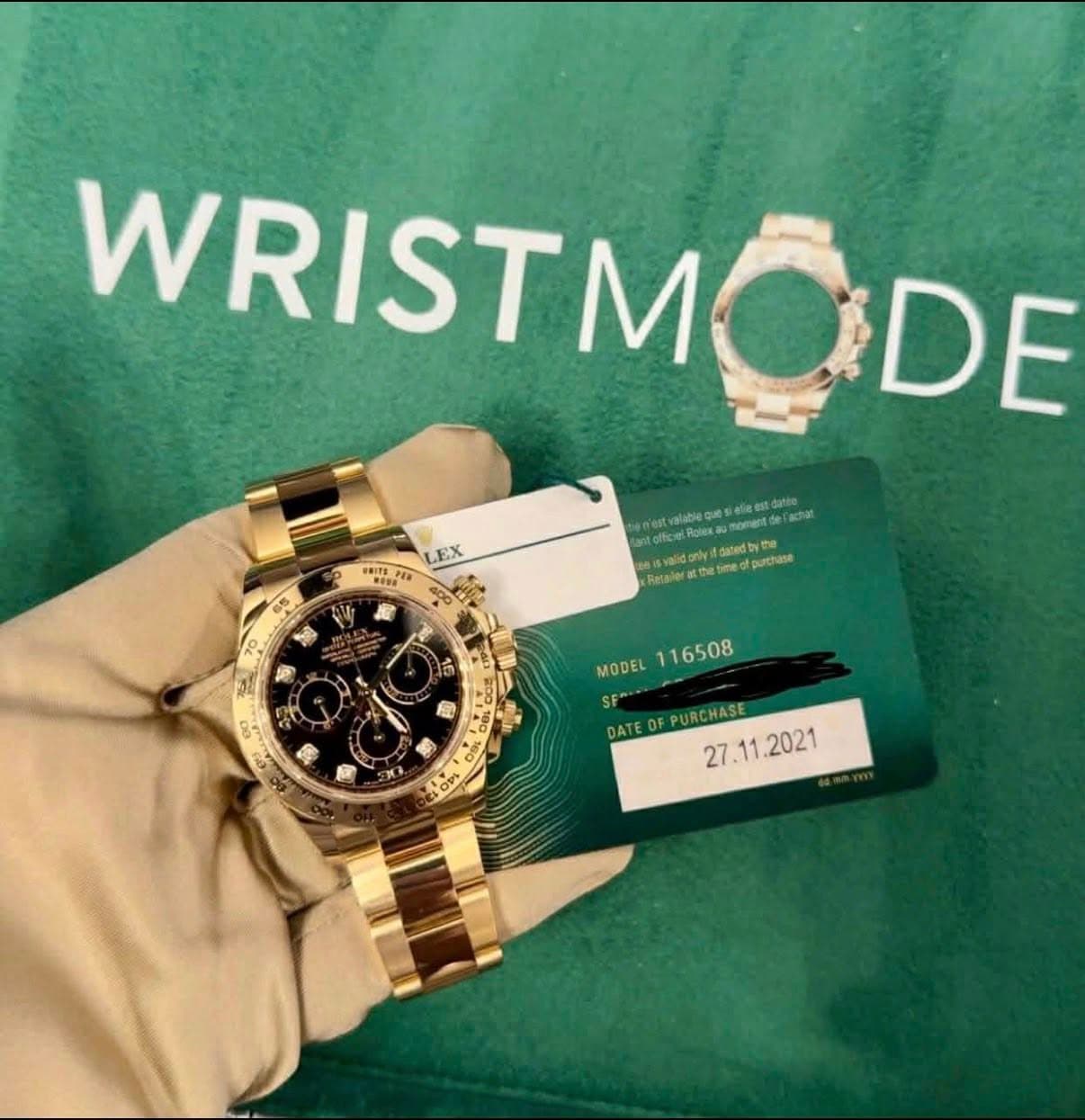 May be an image of wrist watch and text that says 'WRISTM WRISTMODE LEX 中 GlD achR 04grN dated catedby purchuse Recajer MODEL MODEL116508 116508 SFO ATEOFPURCHASE URCHASE DATEOF…