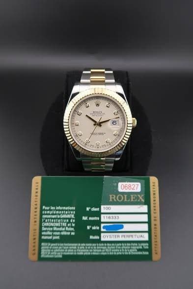 May be an image of wrist watch and text that says 'naoa はは· ى E 2 F l 6 6 6 G G O 06827 ROLEX Paur informations sonplénsstaires GARANTE clent 100 CHRONOMETRI montre 116333 sárie…