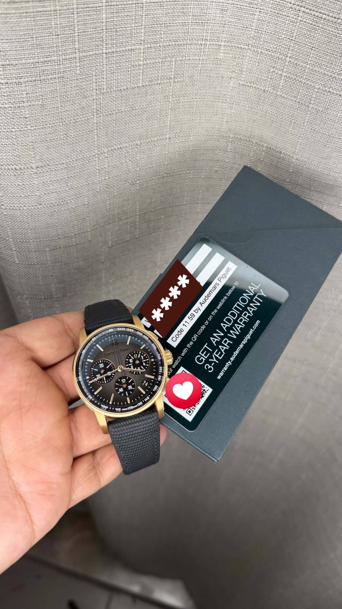 May be an image of digital watch and text that says '0 ご له モ太火* 11.59b codeor AN warranty. ty-audemarspiguet.com Piguet Audemars ADDITIONAL WARRANTY Code theOR GET 3-YEAR Dsam…