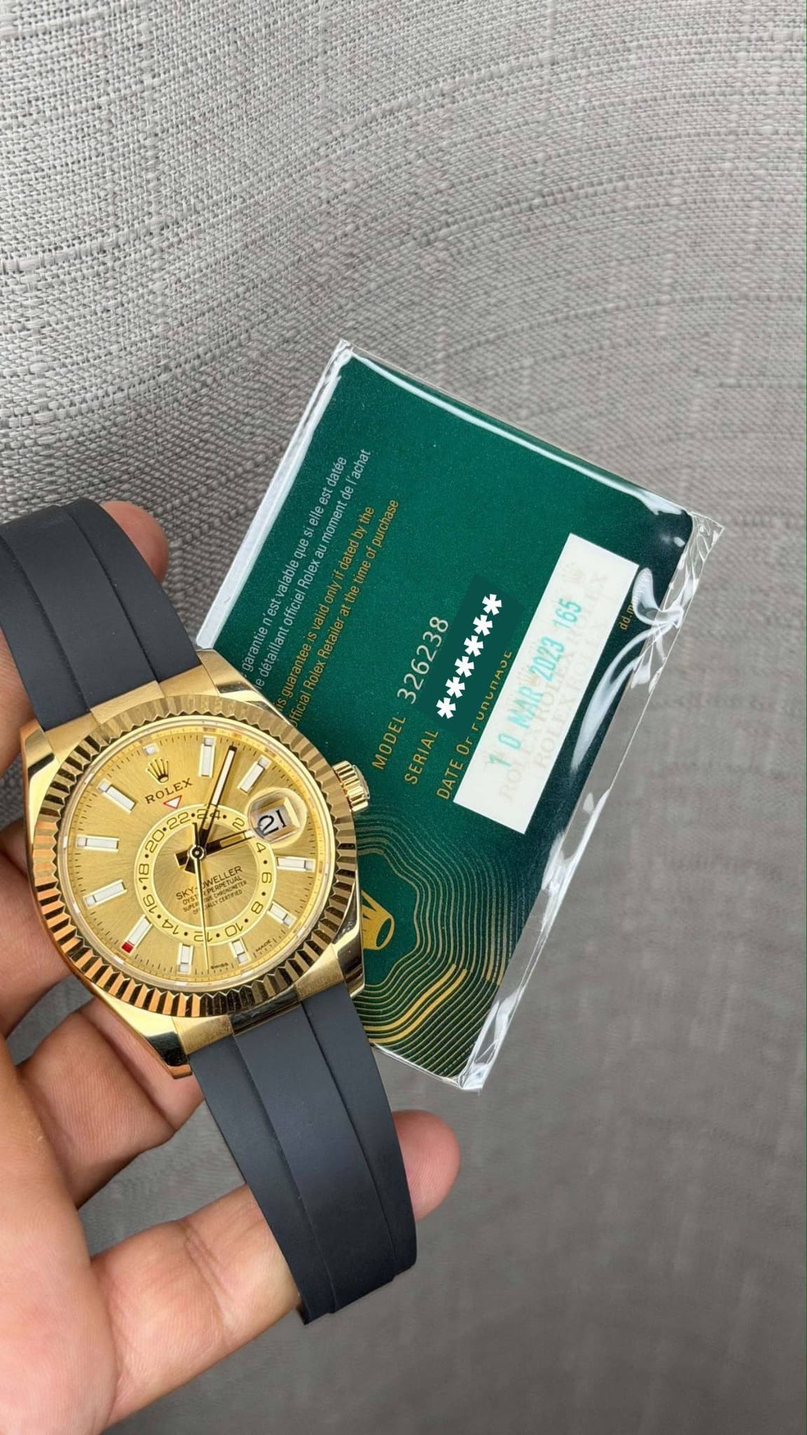 May be an image of wrist watch and text that says 'achat elessi mament momenice 326238 ****** MAR 65 2023 MODEL SERIAL 10 ROLEX LEX LEX 〇 C ج 10 + y. 6 XL 5C S A 8 • C そ 1ด'