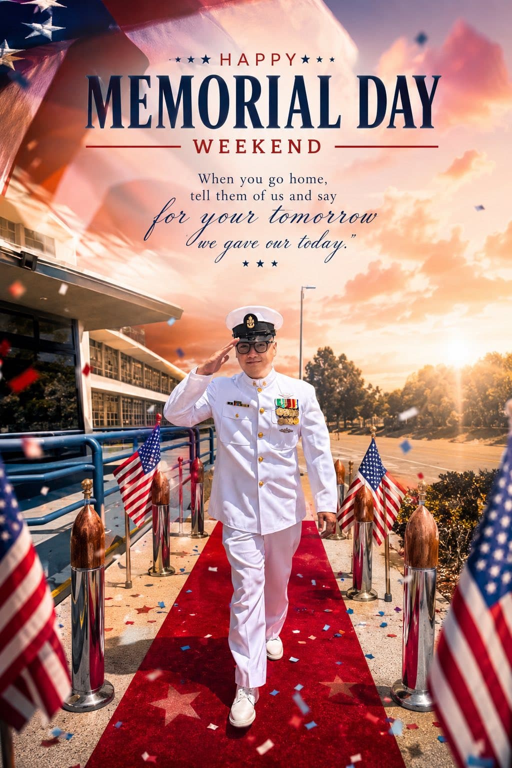 May be an image of text that says '**HAPPY*** MEMORIAL DAY WEEKEND When you go home for your tomorrow tell them of us and say Aaνc our today." 内 12D0 Milne 2Ooe N'