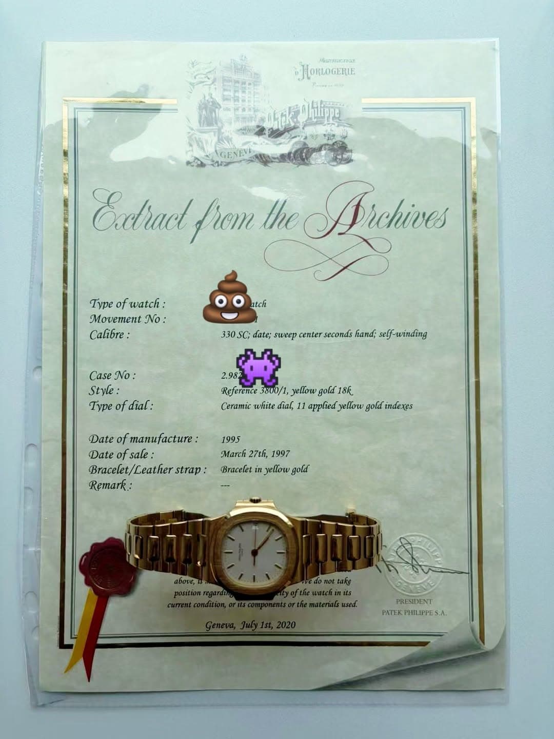 May be an image of wrist watch and text that says 'Msmusrea HORLOGERIE Eactract from the Drchives Type of watch: Movement Να Calibre: stch 330 330S date; sweep center seconds hand;…