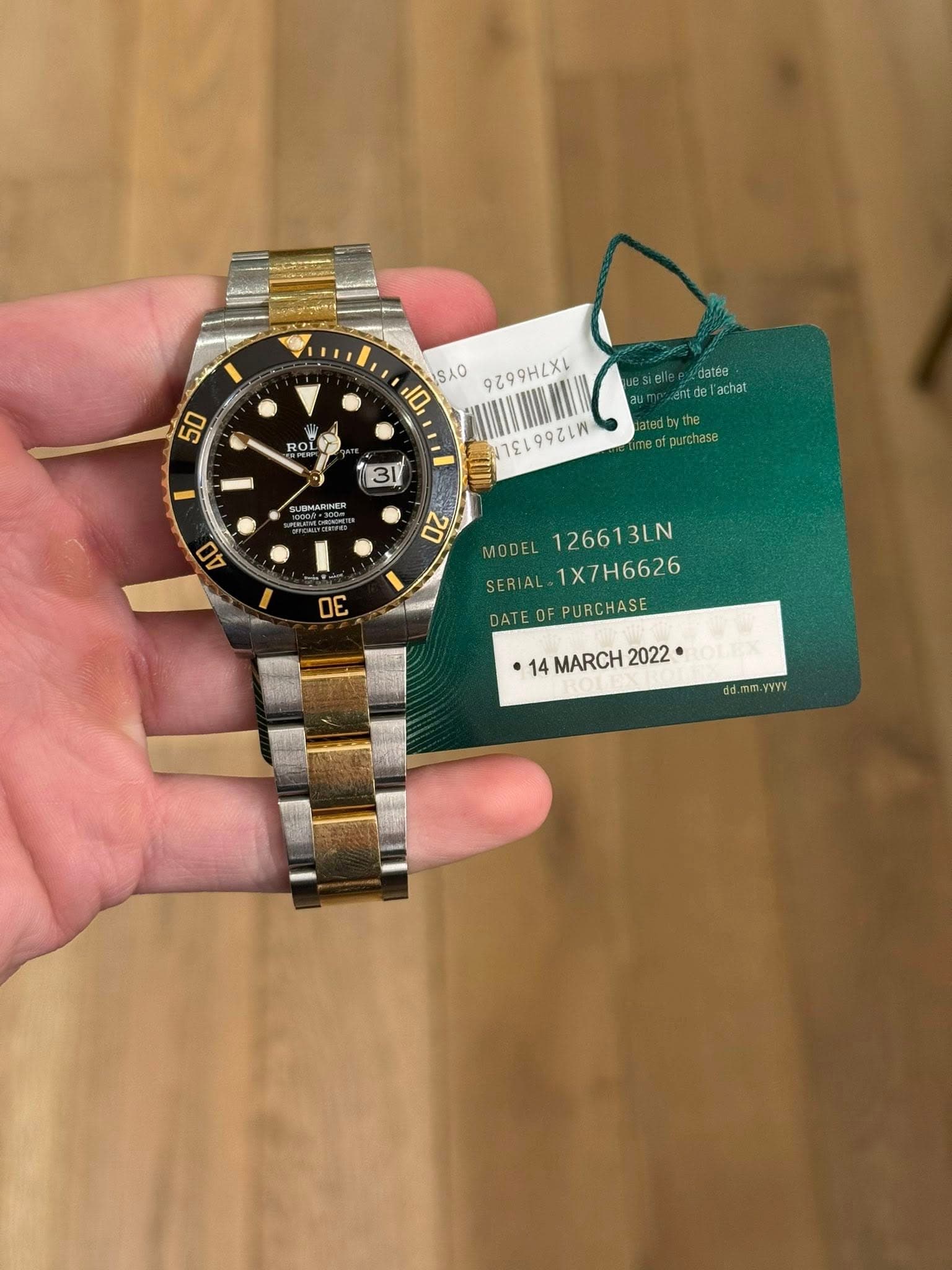 May be an image of wrist watch and text that says '50 ROL T SAO 1699HLXL datés achat 31 mAЙHER the nefpurchase AO 00 E MODEL 12661 126613LN LN SERIAL AL 1X7H6626 DATEOF…