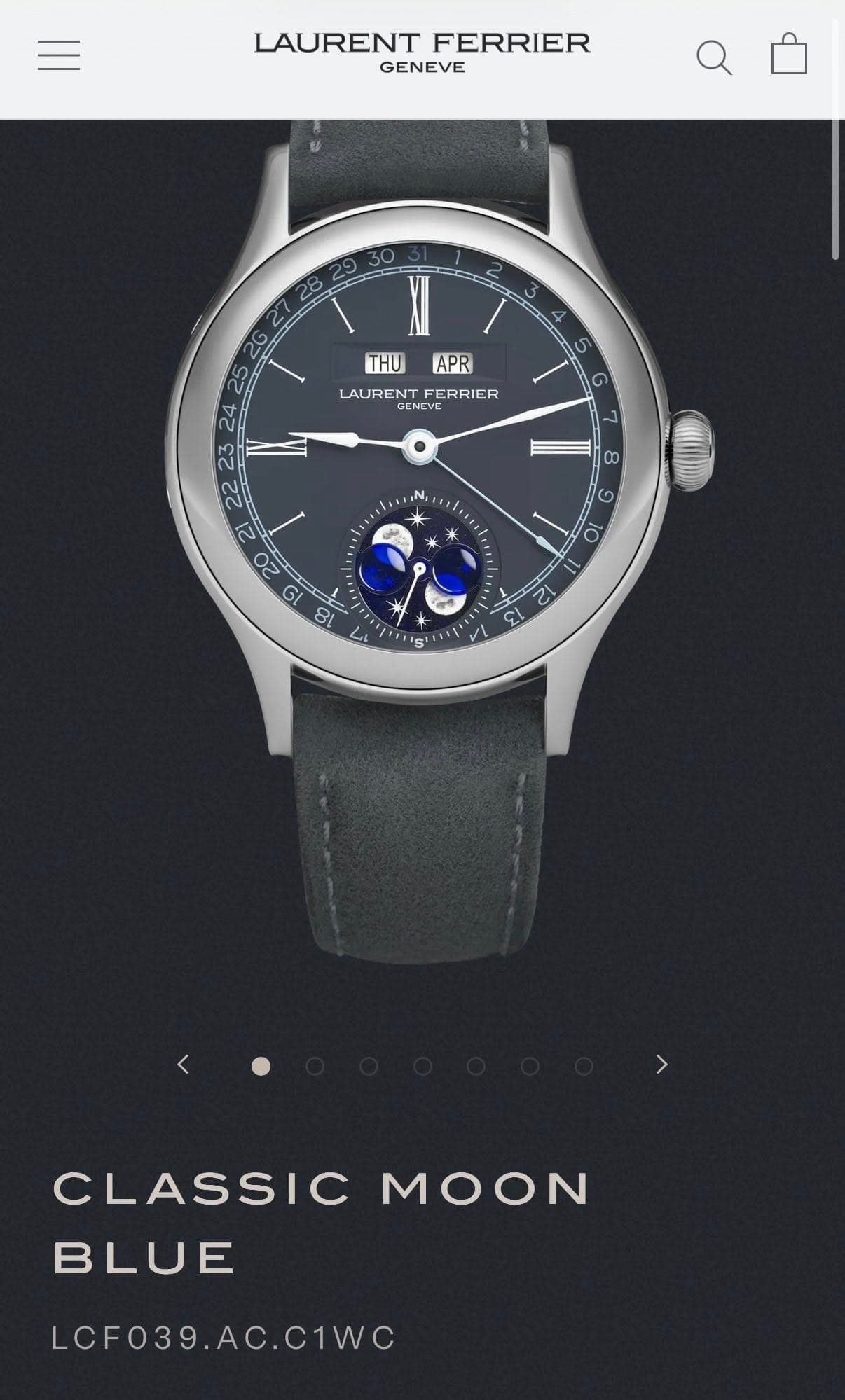 May be an image of wrist watch and text that says 'LAURENT FERRIER GENEVE 28 4 5 G THU APR LAURENT ERRIER GENEVE ۲ 20 و CO LL ၁ 's S CLASSIC BLUE MOON LCF039.AC.C1WC'