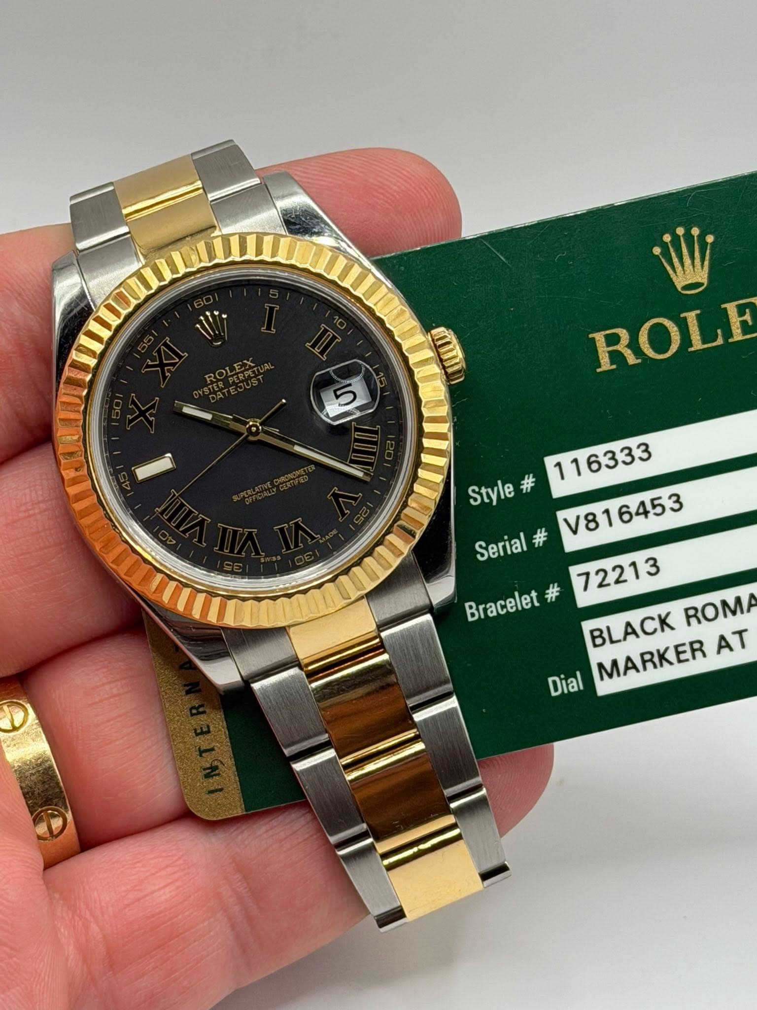 May be an image of wrist watch and text that says '5 ROLE Style Style# # 116333 V816453 Serial # Bracelet # 72213 BLACK ROMA MARKER AT Dial'
