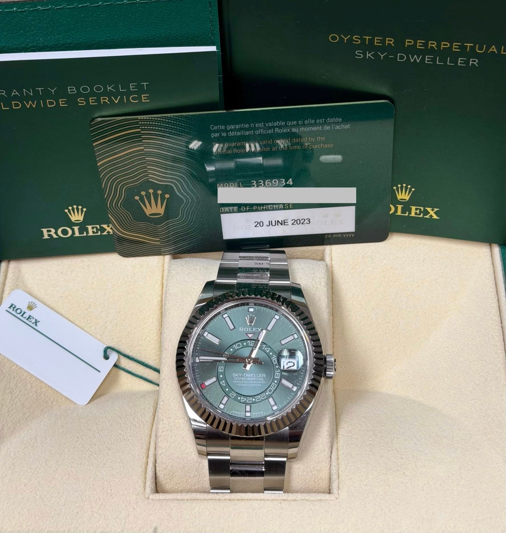 May be an image of wrist watch and text that says 'ANTYBOOKLET BOOKLE DWIDESERVICE SERVICE SKY-DWELLER edbethe MODE 336934 W ROLEX DATE 20 JUNE 2023 OLEX r ROL ROLEX l 安 সম 15…