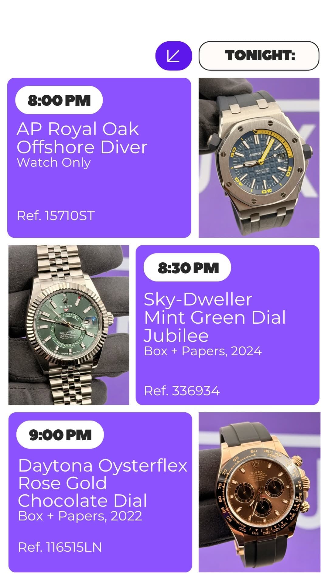 May be an image of digital watch and text that says 'K TONIGHT: 8:00PM AP Royal Oak Offshore Diver Watch Only 8- ណាគមគគ Ref. 15710ST bil E 20HPE 8:30PM 不轻 Sky- Sky-Dweller Mint…