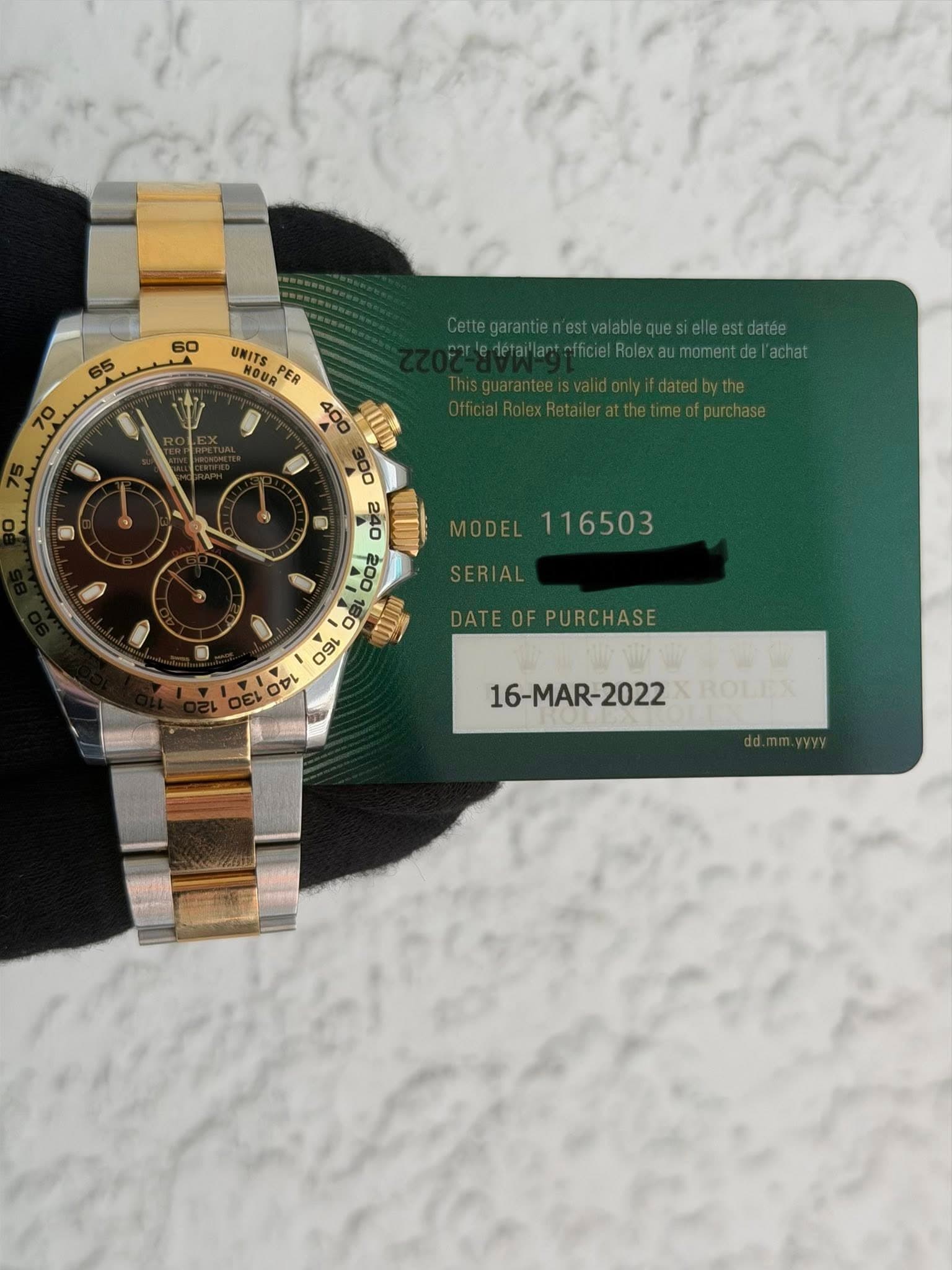 May be an image of wrist watch and text that says '60 70 Rolexau.moment.dalacha @ UMITS หอ PER 400 ច KAT 160 D J MODEL 116503 SERIAL DATEOR EOFPURCHASE 16-MAR- CROTIS'