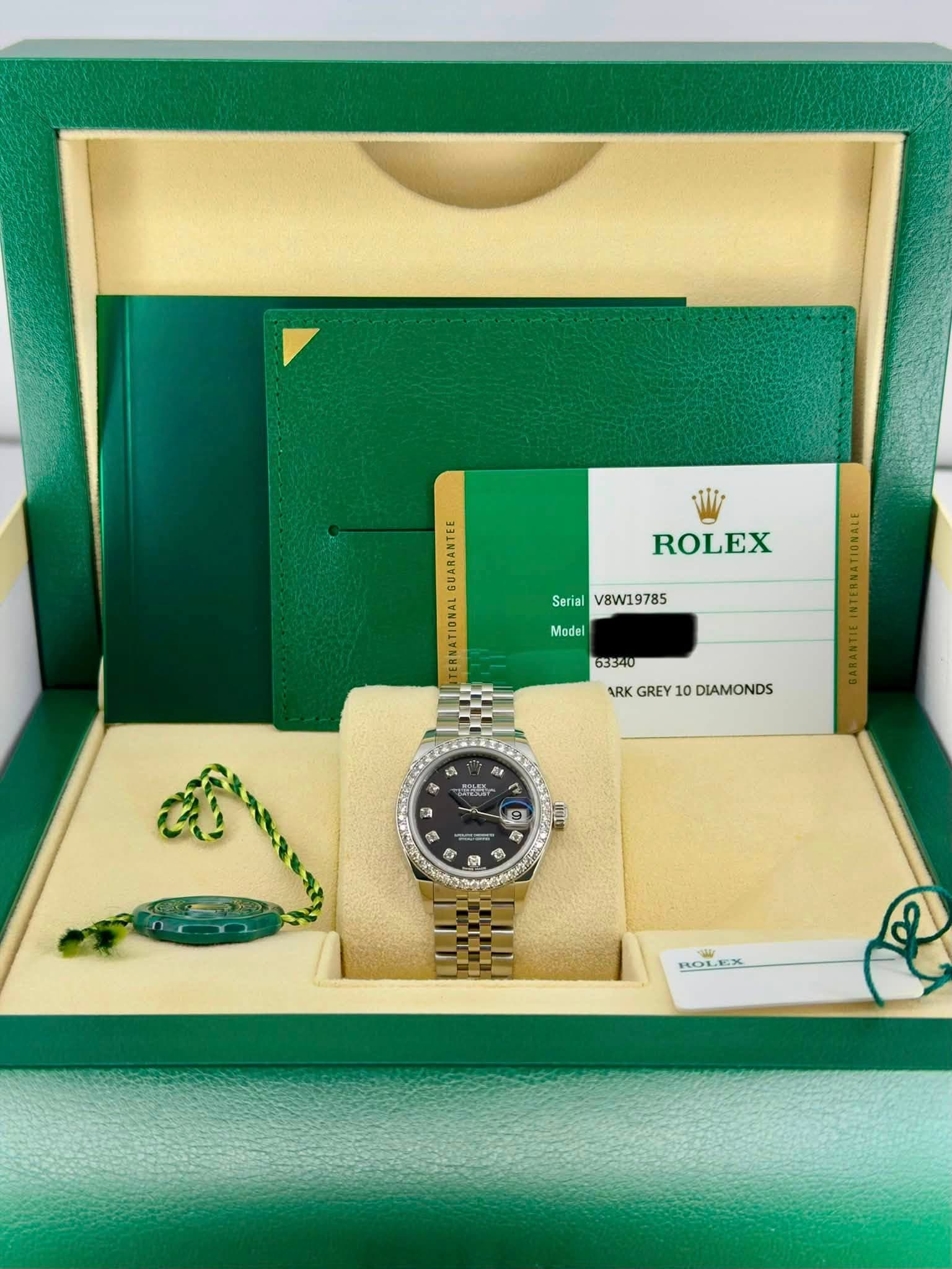 May be an image of wrist watch and text that says 'ROLEX Serial SerialVaw19785 V8W19785 Model 63540 ARKGREY10DIAMONDS ARK GREY 10 DIAMONDS 灣 ហរ 麻 M + 학(수된 岡 9 e 2 E - 4 ایا ROL…