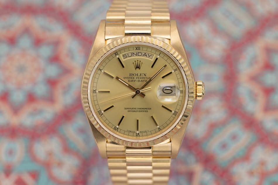 May be an image of wrist watch and text that says 'SUNDAY W ROLEX OYSTER PERPETU ERPETUA ETU 10 DAY-DATE NA- DATE 0 SUPERLATIVE UPERATVECHIONOMLTE CHRONOMETER OFFICALLYCERTIFIED…