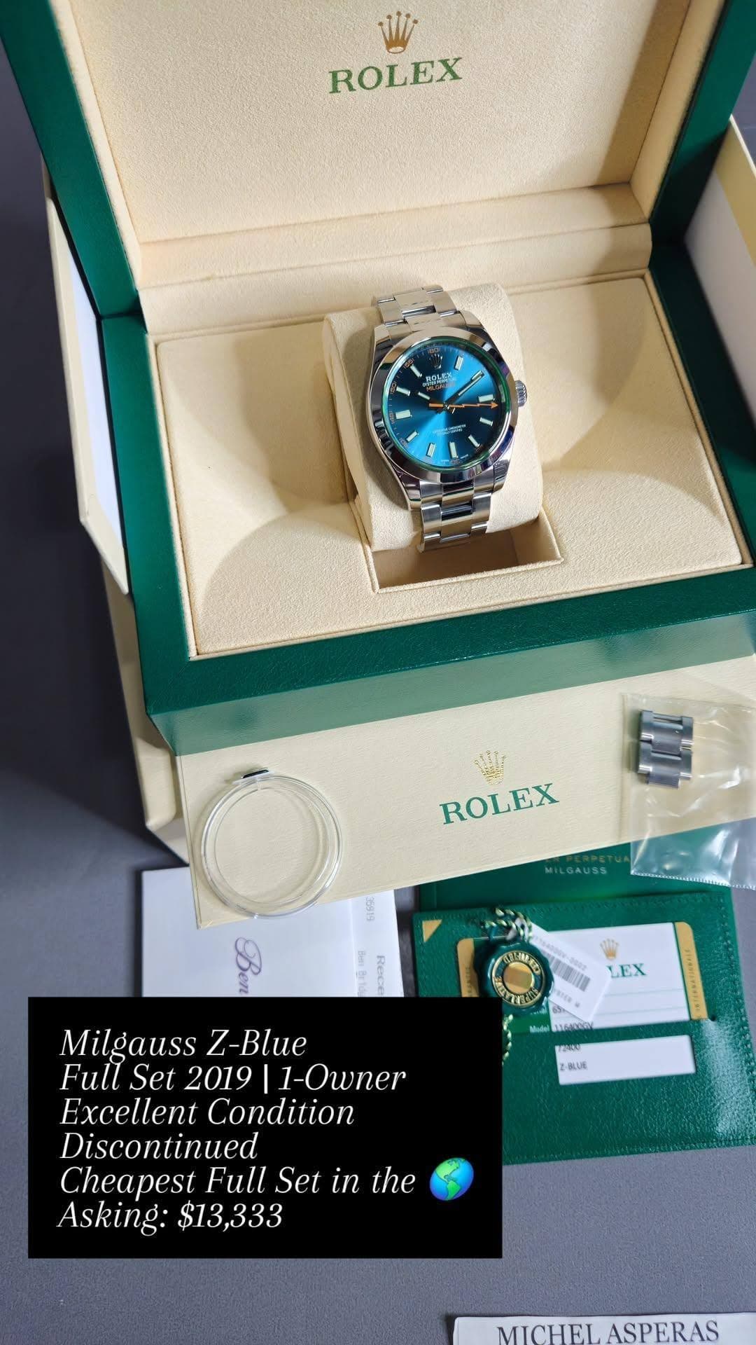 May be an image of wrist watch and text that says 'ROLEX 덕주 ROLEX MILGAUSS AUSS Aaa LEX Ae SAPRRN สู060 -OLUK Milgauss Z-Blue Full Set |1-Owner Excellent Condition Discontinued…